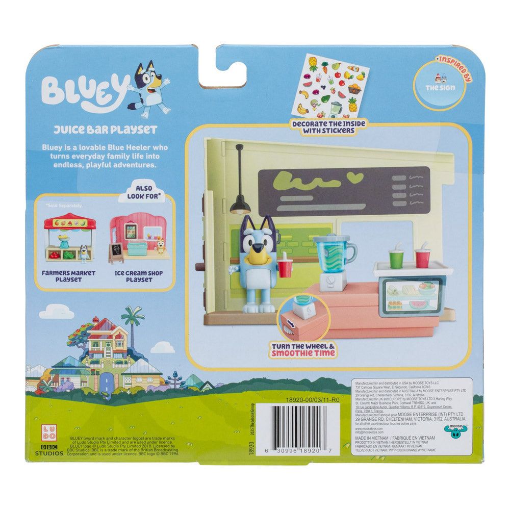 Back packaging for the Bluey Let's Play Chef Mini Playset Juice Bar toy