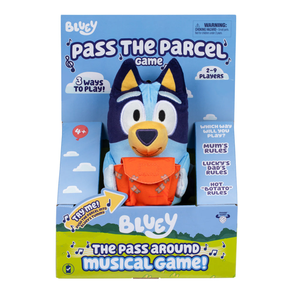 Bluey Pass The Parcel Musical Game with plush soft toy, in packaging