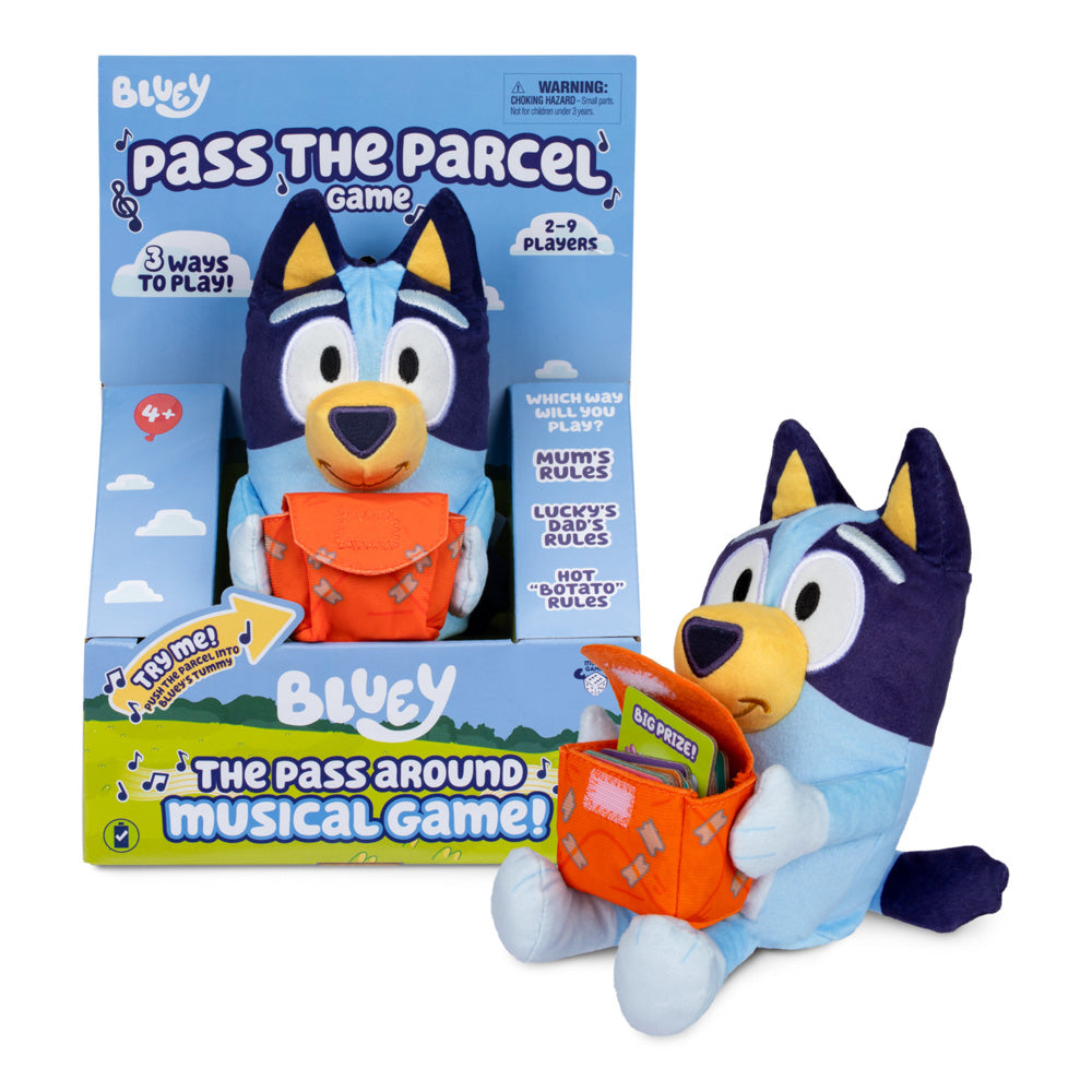 Bluey Pass The Parcel Musical Game with plush soft toy, in packaging