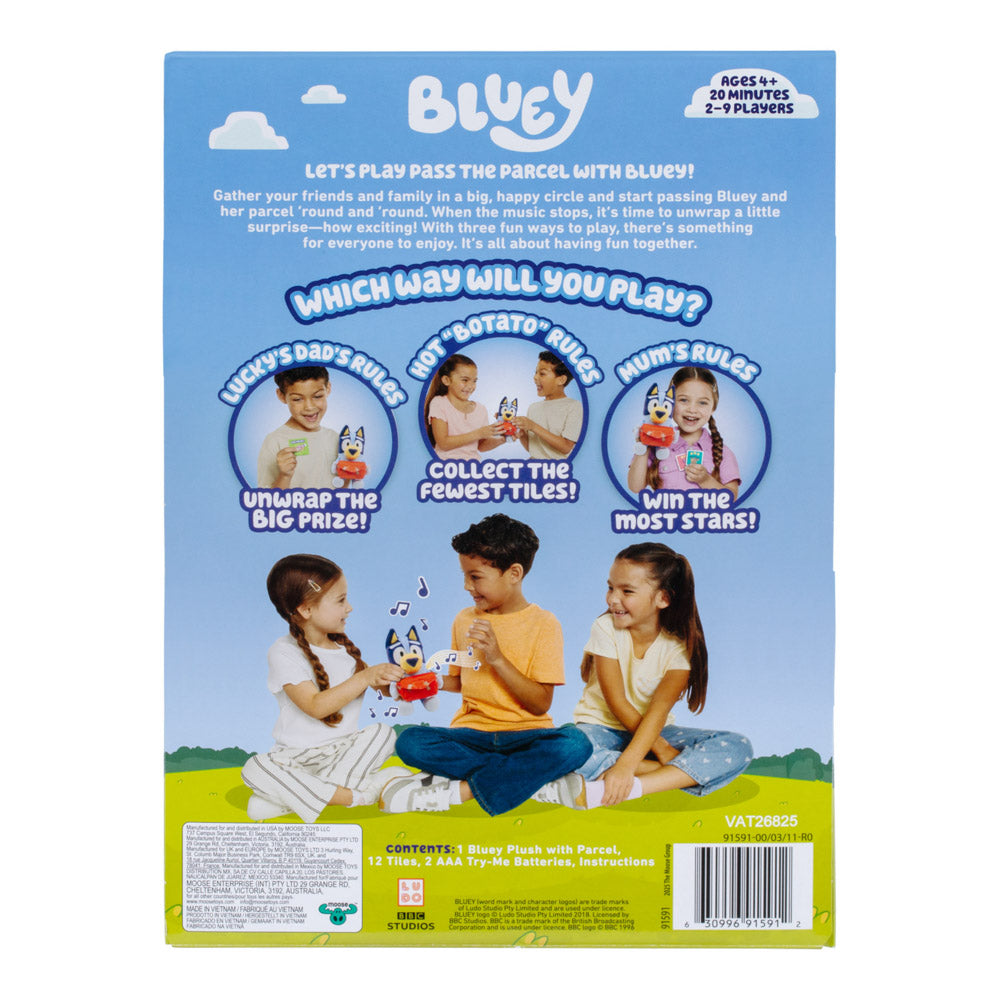 Back packaging of the Bluey Pass The Parcel Musical Game with plush soft toy