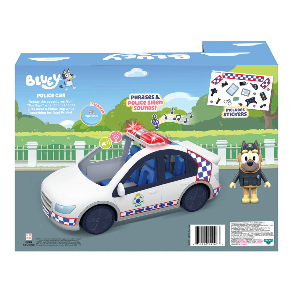 Back packaging of the Bluey Police Car toy with figure