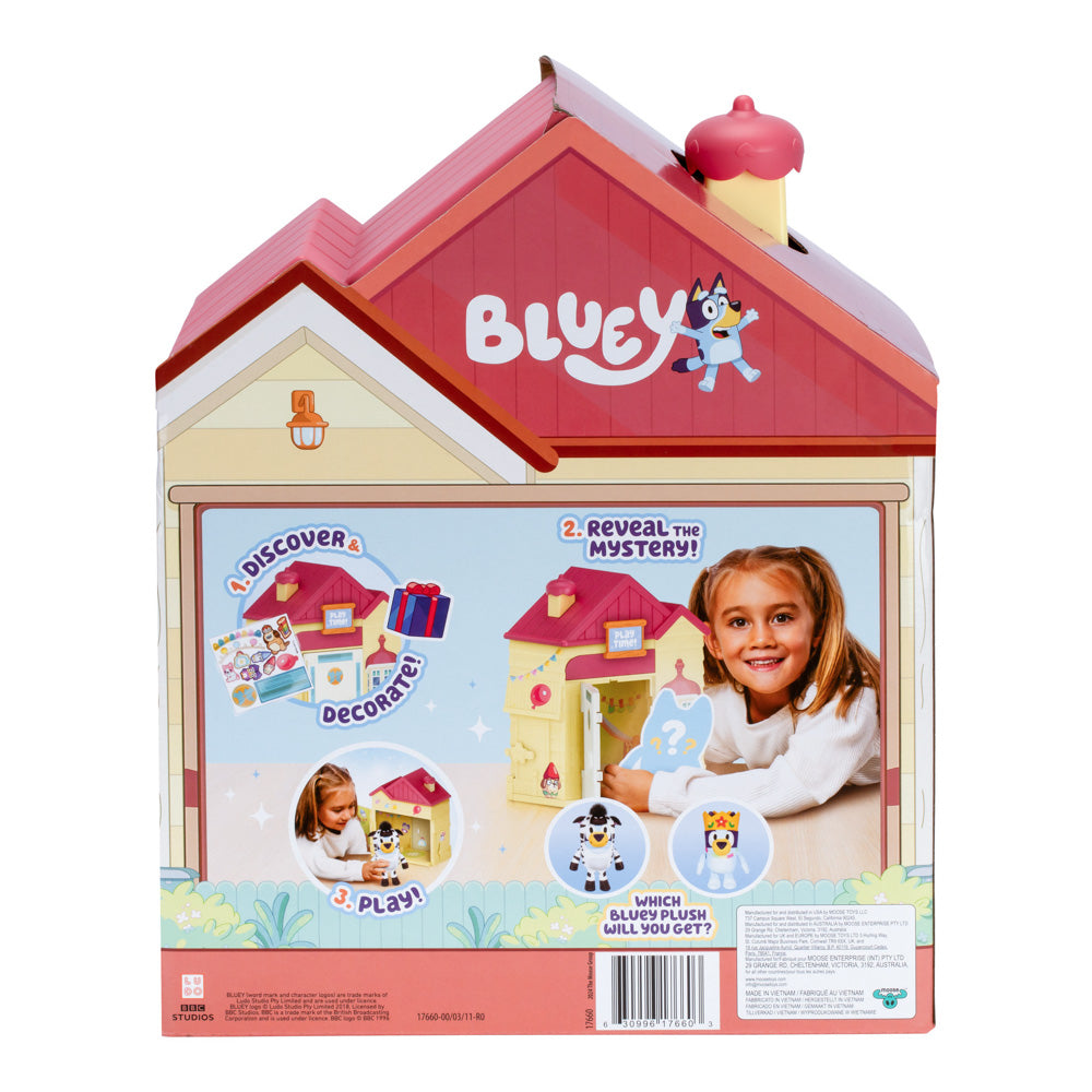 Back packaging for the Bluey's Playdate Plush in house Surprise Playset Blind Box