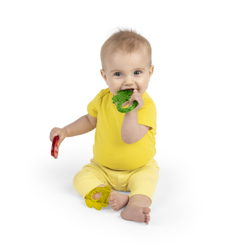 Baby using the Bright Starts Juicy Chews Textured Teethers 3 Pack
