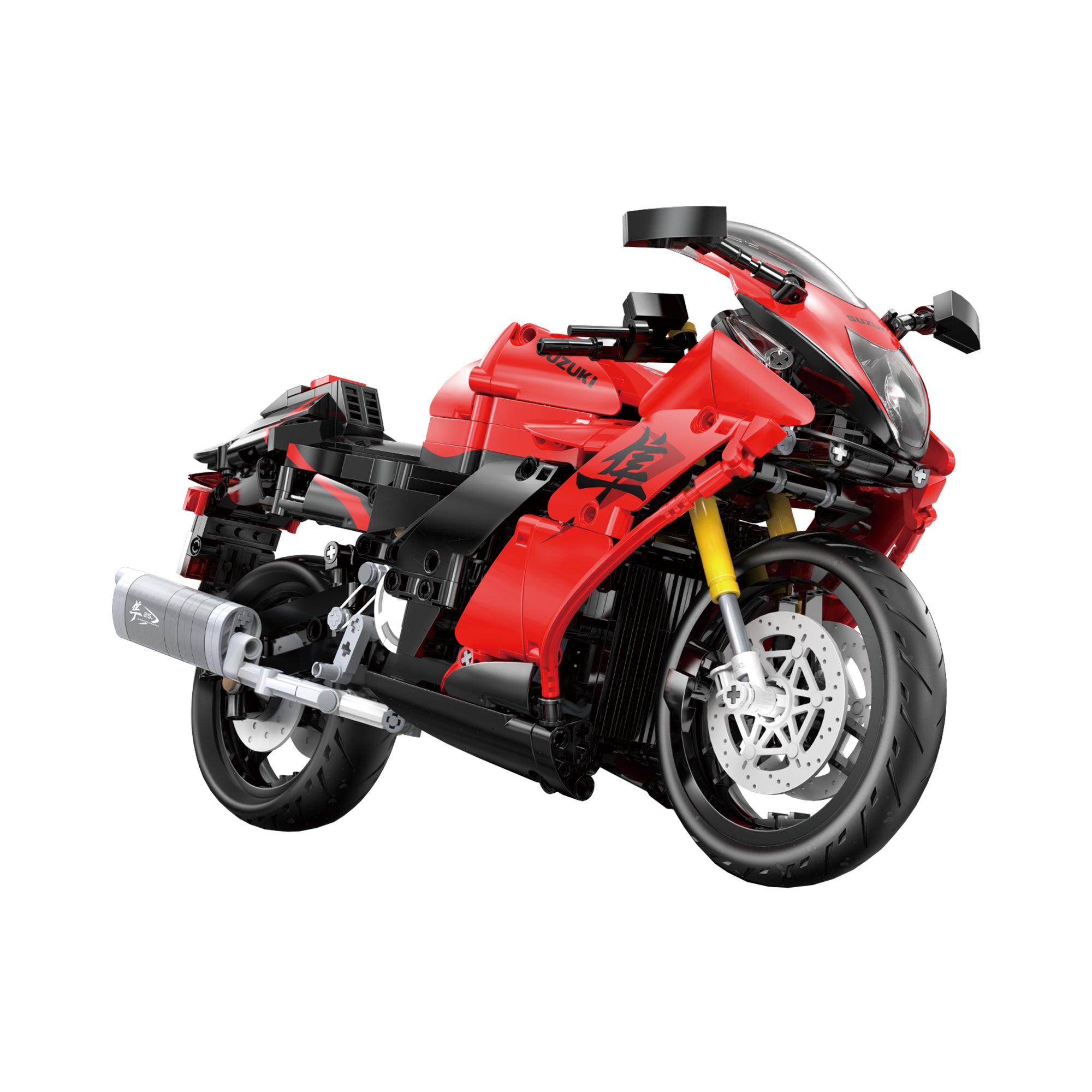 Red and black motorcycle model on a white background