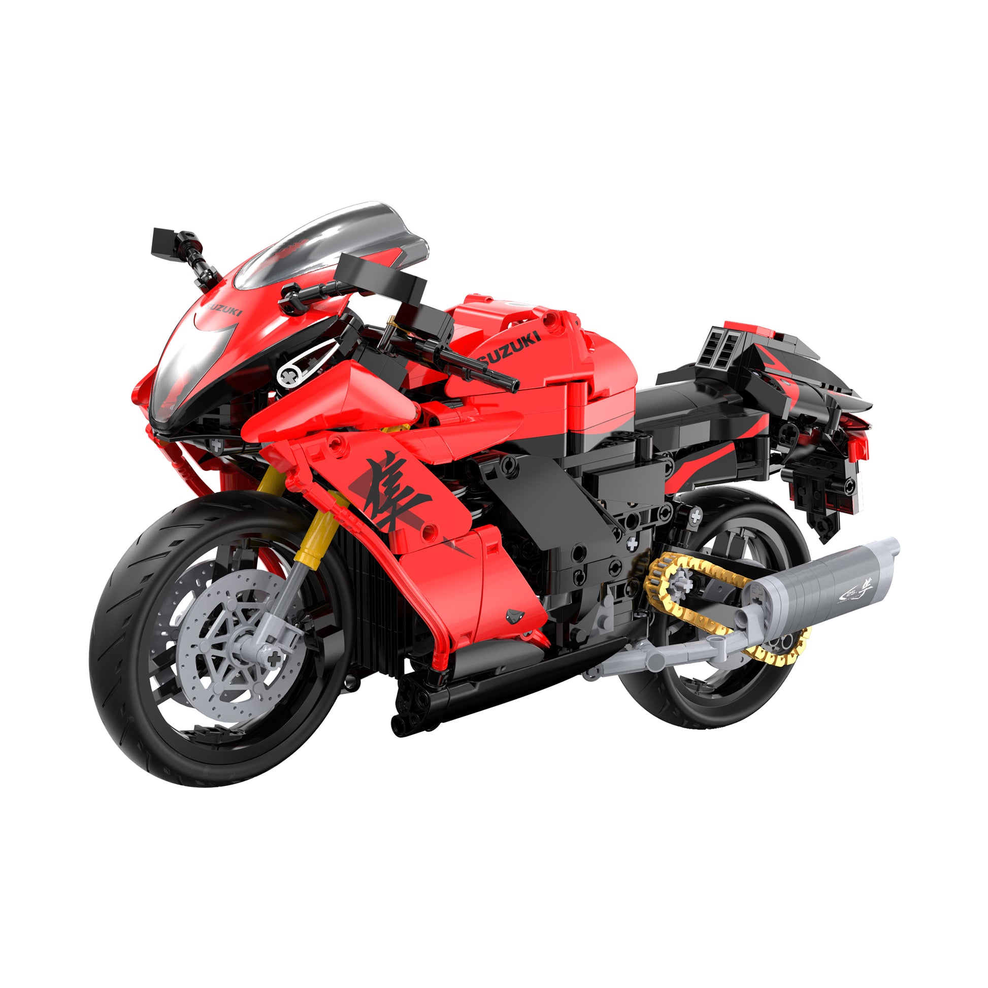 Red and black motorcycle model on a white background