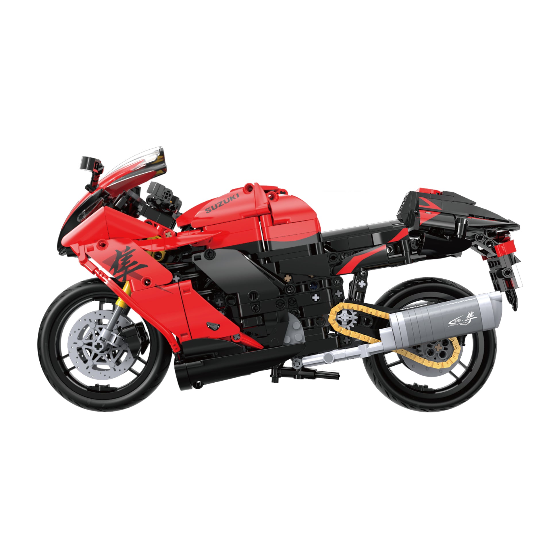 Red and black motorcycle model made of interlocking bricks on a white background
