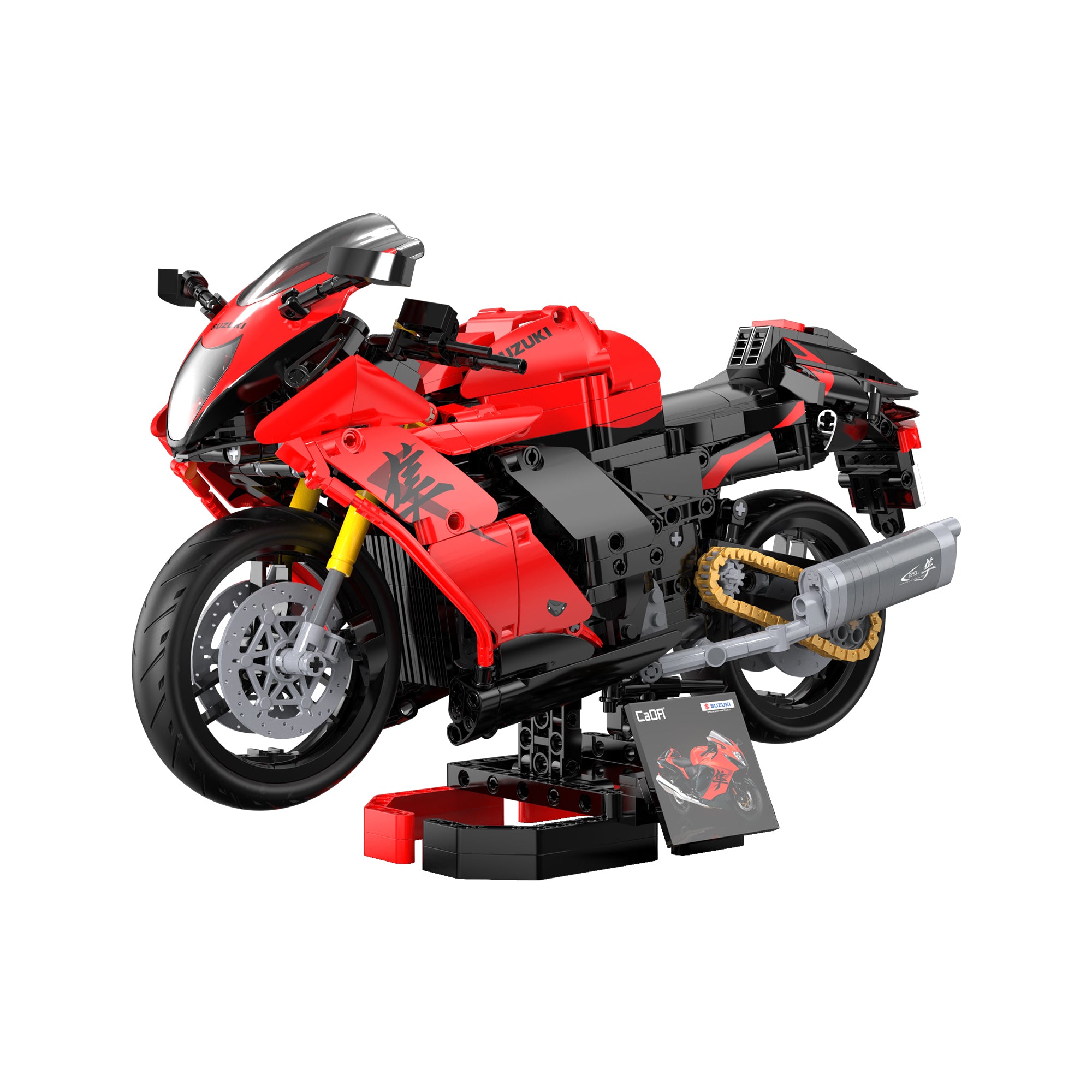 Red and black motorcycle model made of interlocking bricks on a white background
