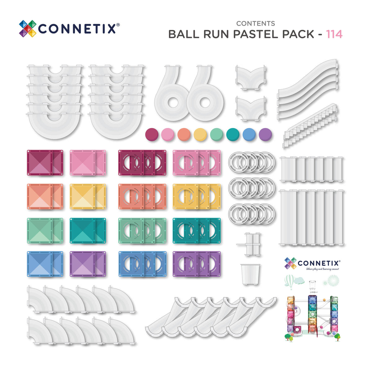 CONNETIX Magnetic Tiles 114 Piece - Pastel Ball Run.