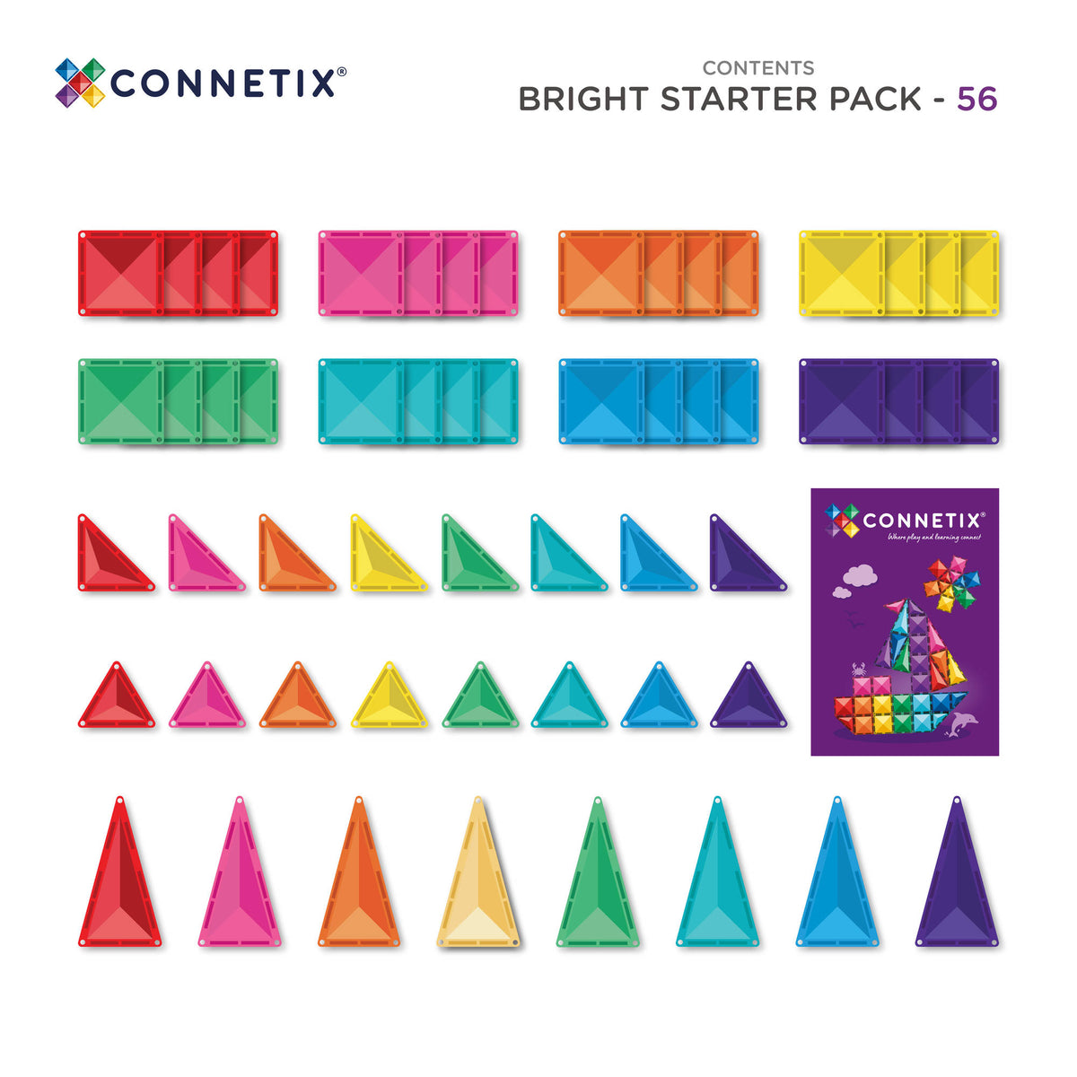CONNETIX Magnetic Tiles 56 Piece - Bright Starter Pack.
