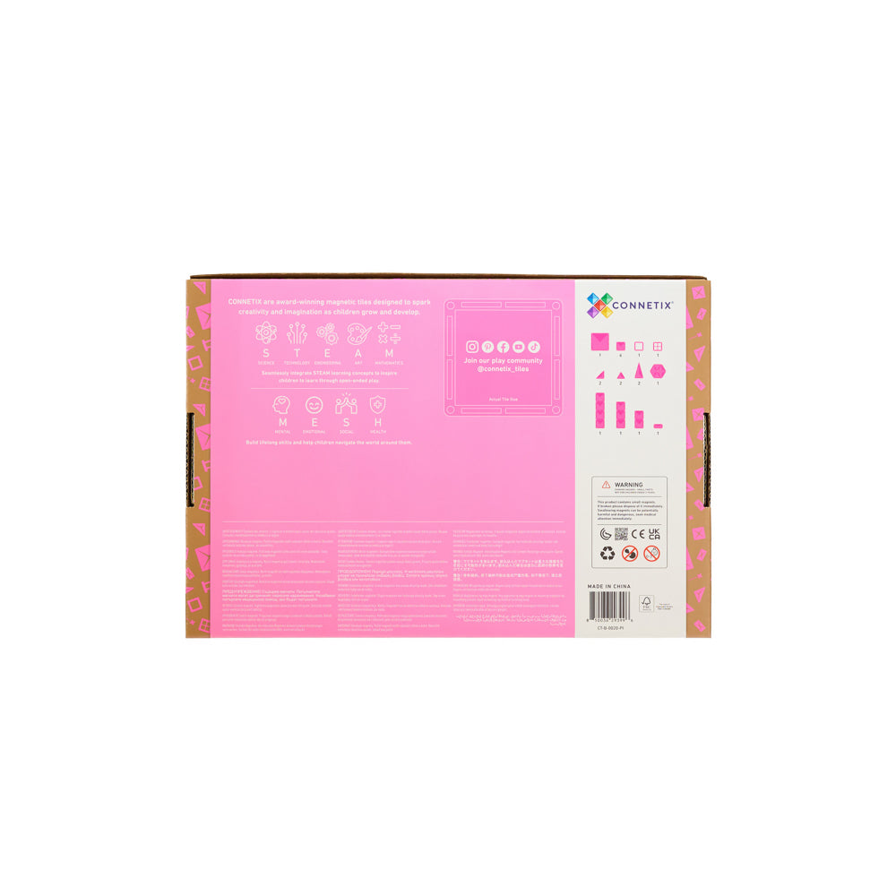 Back packaging of the CONNETIX Magnetic Tiles 20 Piece - Pink Charity Pack set