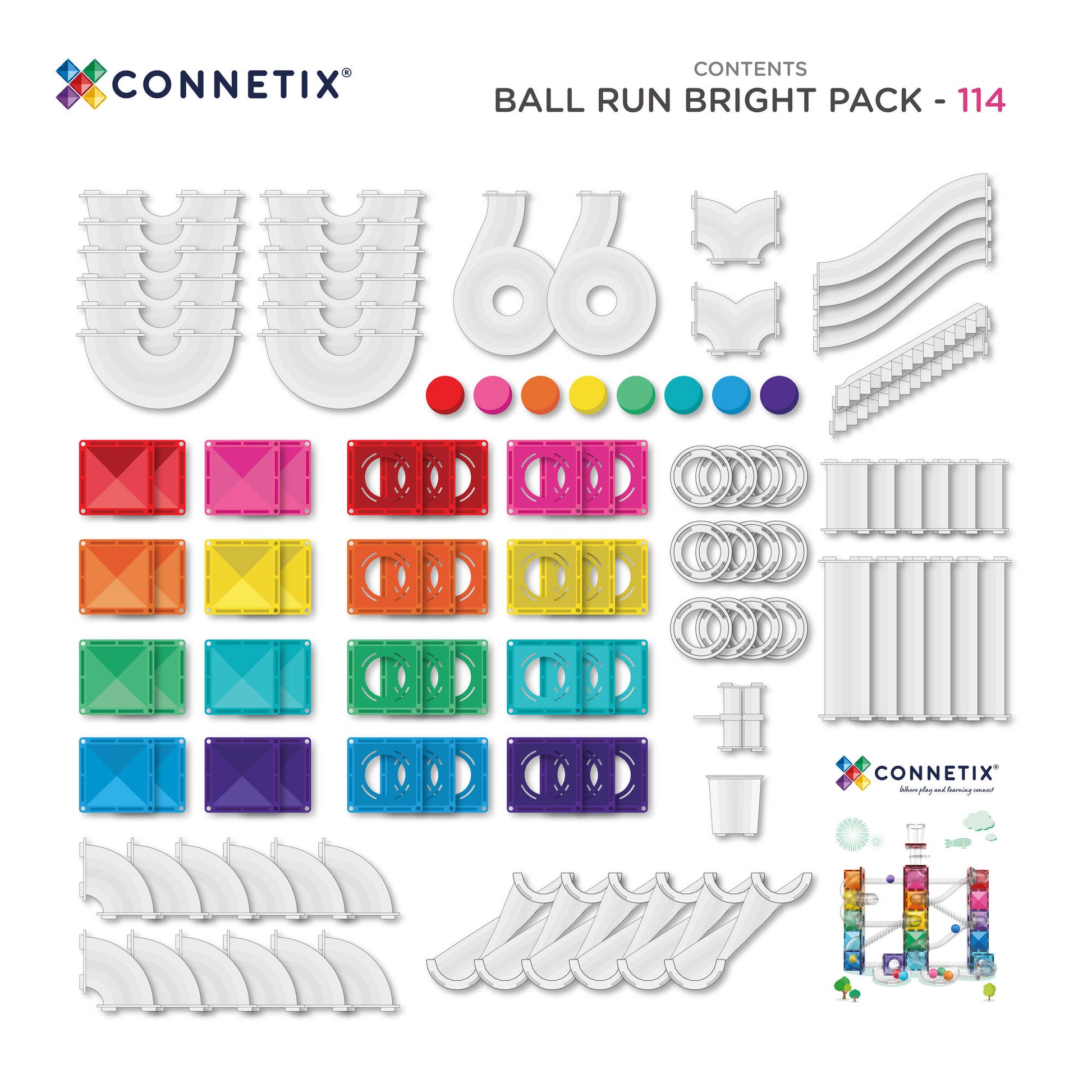 CONNETIX Magnetic Tiles 114 Piece - Bright Ball Run - Toyworld NZ