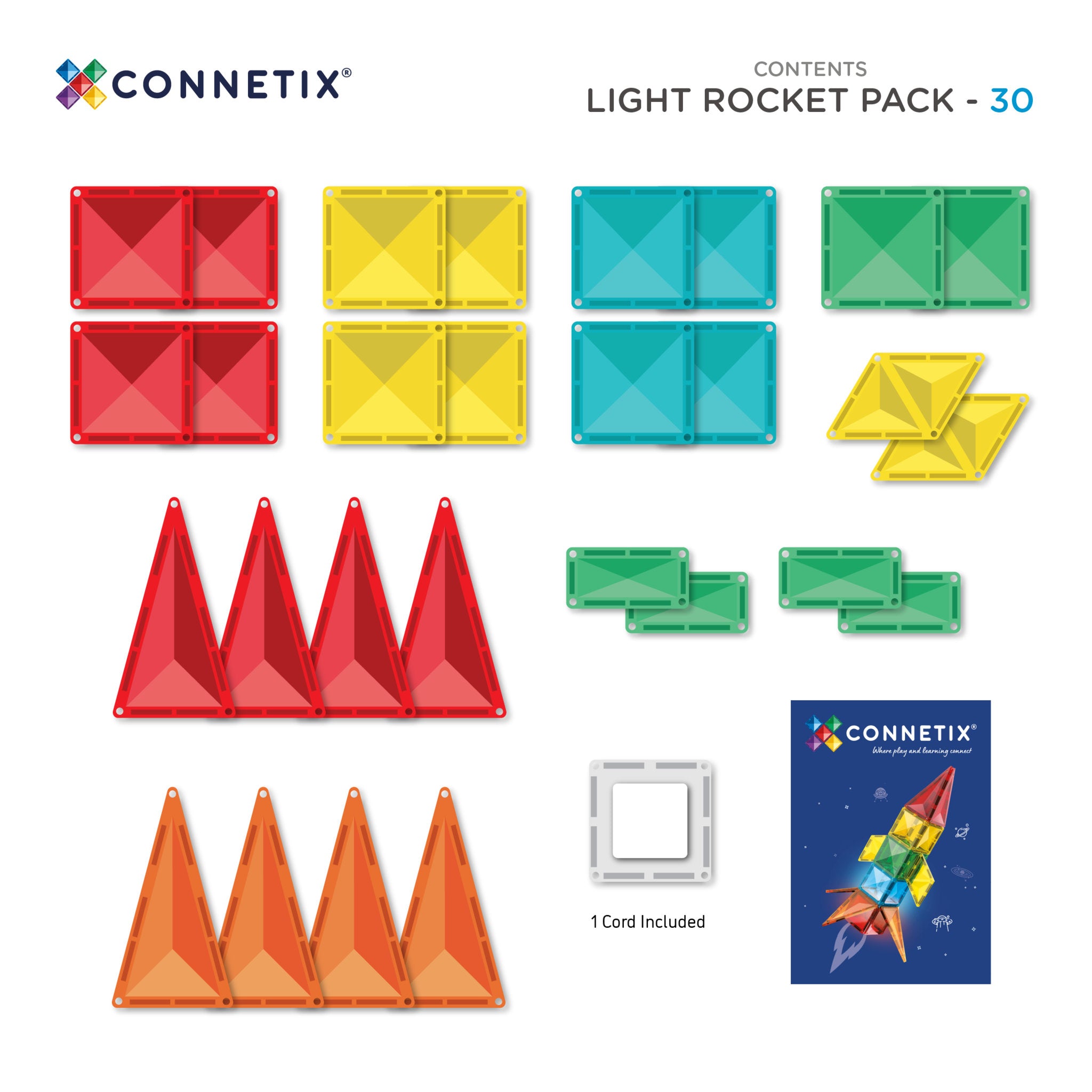 CONNETIX Magnetic Tiles 30 Piece - Light Rocket Pack - Toyworld NZ