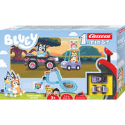 Carrera First Bluey & Bingo Let's Go! Slot Car Set on race track.
