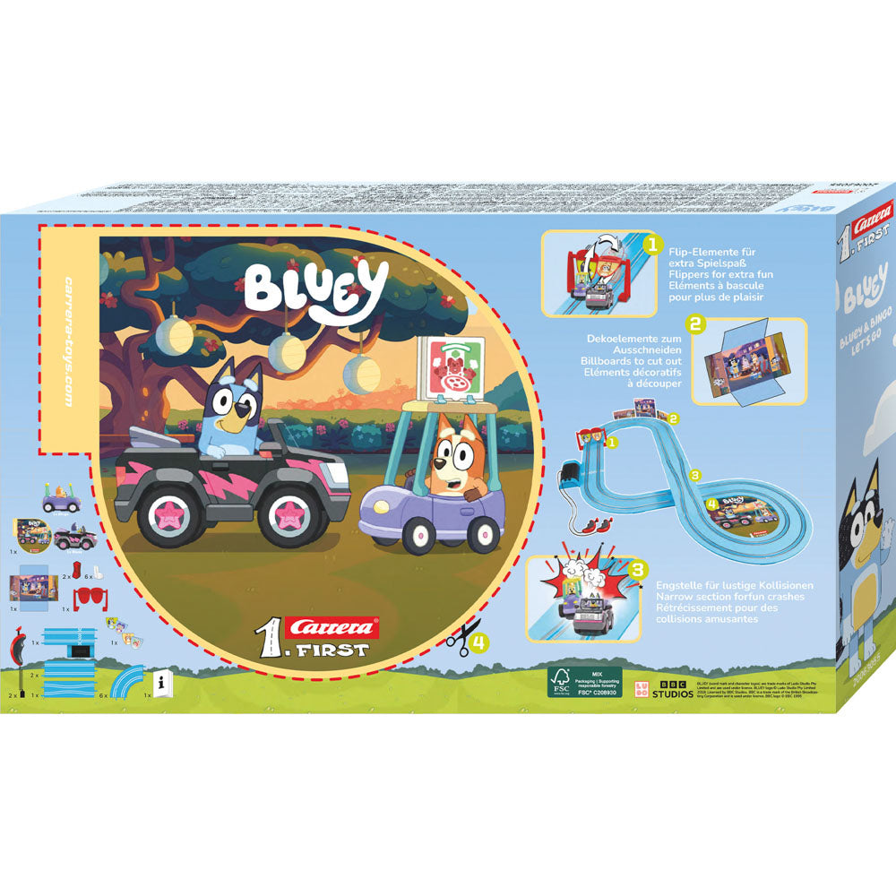 Carrera First Bluey & Bingo Let's Go! Slot Car Set on race track.