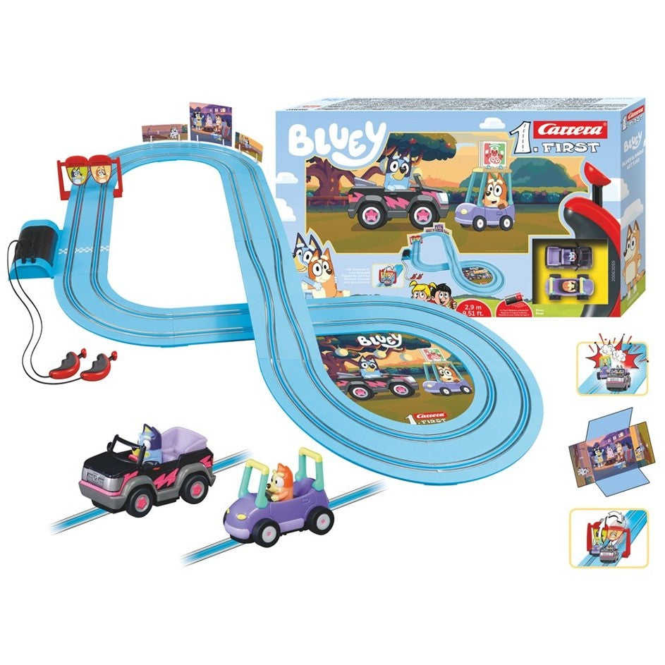 Carrera First Bluey & Bingo Let's Go! Slot Car Set on race track.