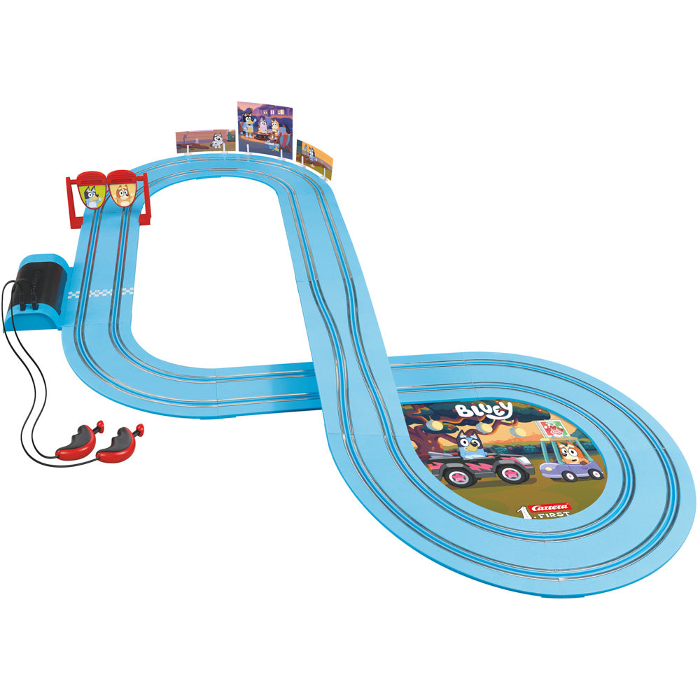 Carrera First Bluey & Bingo Let's Go! Slot Car Set on race track.