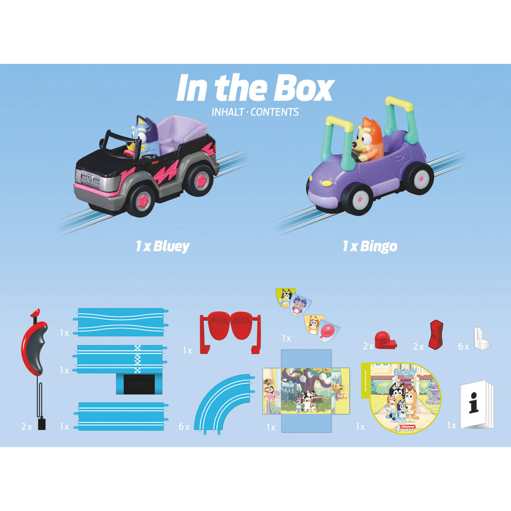 Carrera First Bluey & Bingo Let's Go! Slot Car Set on race track.