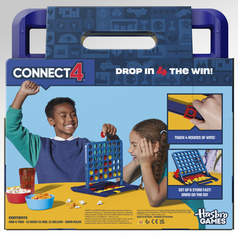 Back of packaging for the Connect 4 game with built-in Carrying Case