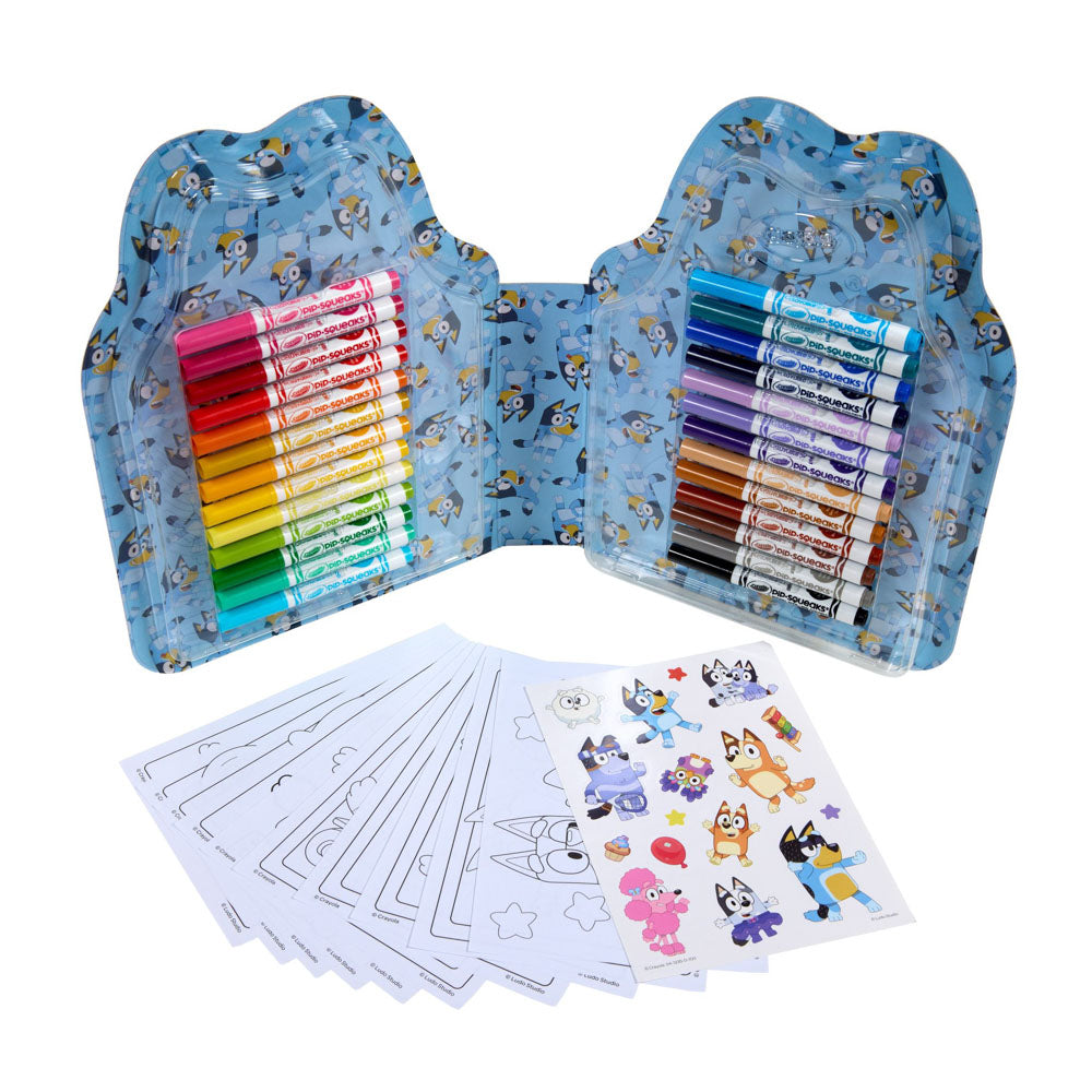Markers and stickers inside the Crayola Bluey Colour & Sticker Activity Set