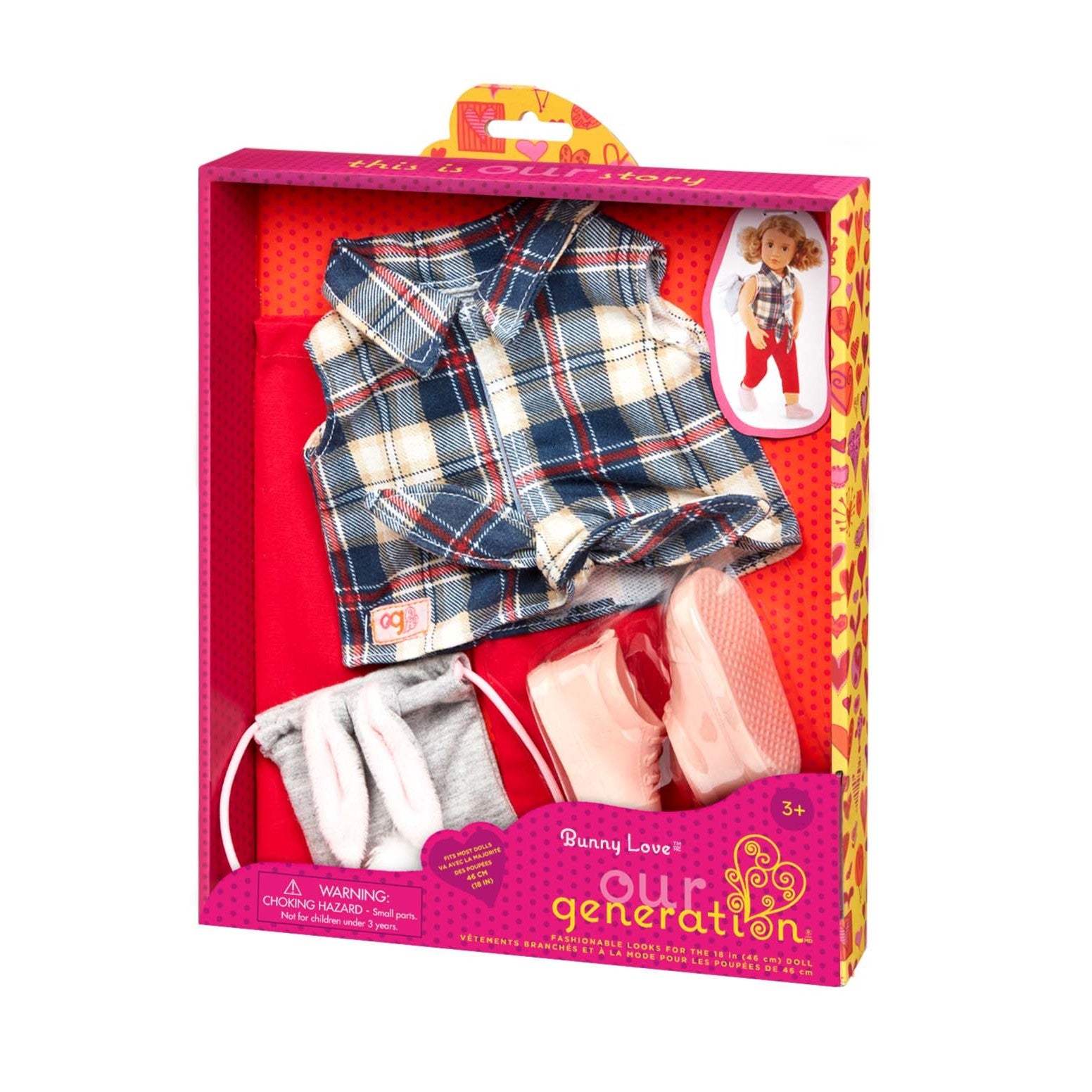 Our Generation Regular Outfit Bunny Love Denim & Plaid Shirt With Bunny Purse Outfit