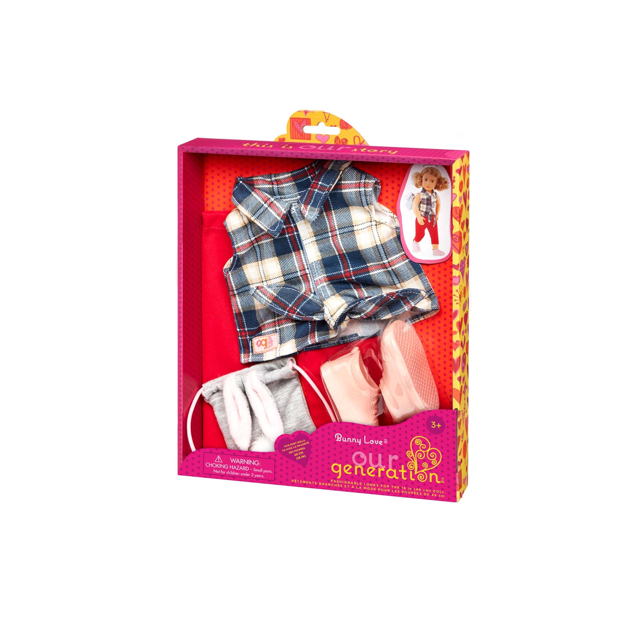 Our Generation Regular Outfit Bunny Love Denim & Plaid Shirt With Bunny Purse Outfit