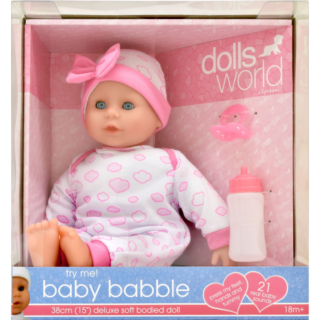 DOLLS WORLD BABY BABBLE 38CM SOFT BODIED DOLL