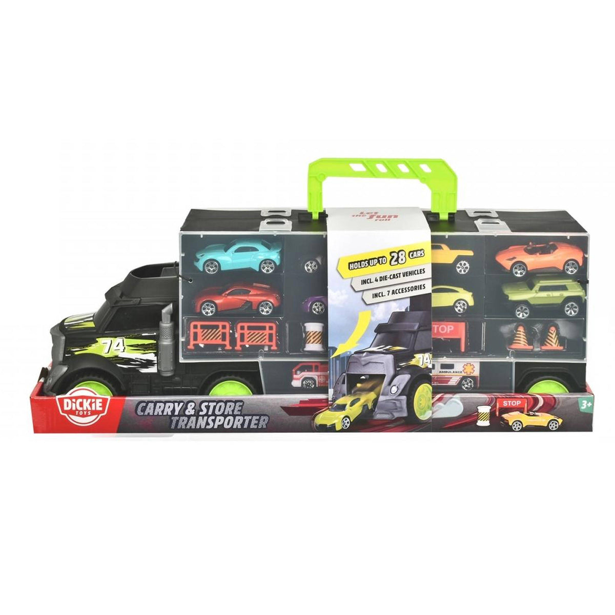 Dickie Toys City Carry & Store Transporter toy cars and traffic cones.