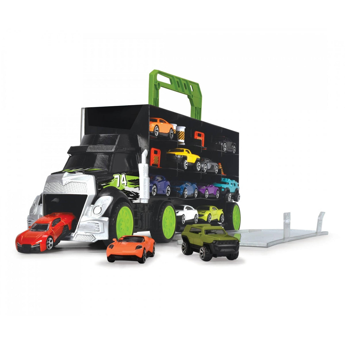 Dickie Toys City Carry & Store Transporter toy cars and traffic cones.