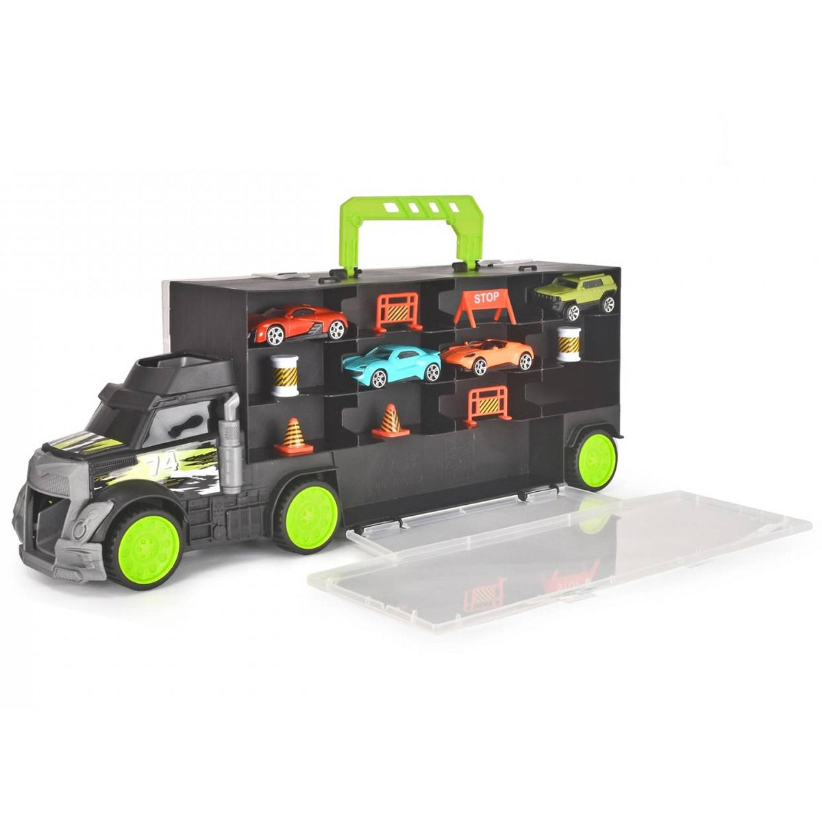 Dickie Toys City Carry & Store Transporter toy cars and traffic cones.