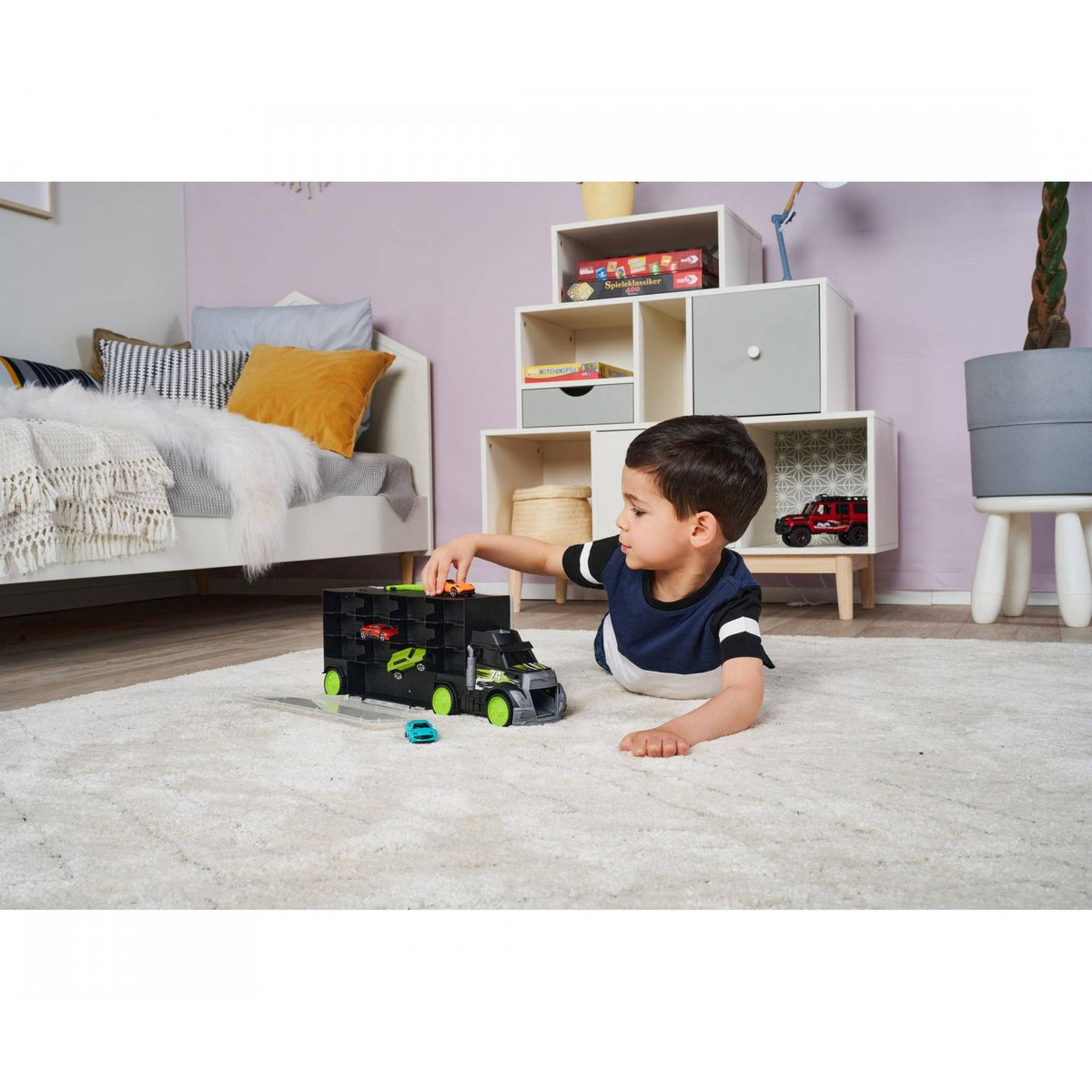 Dickie Toys City Carry & Store Transporter toy cars and traffic cones.