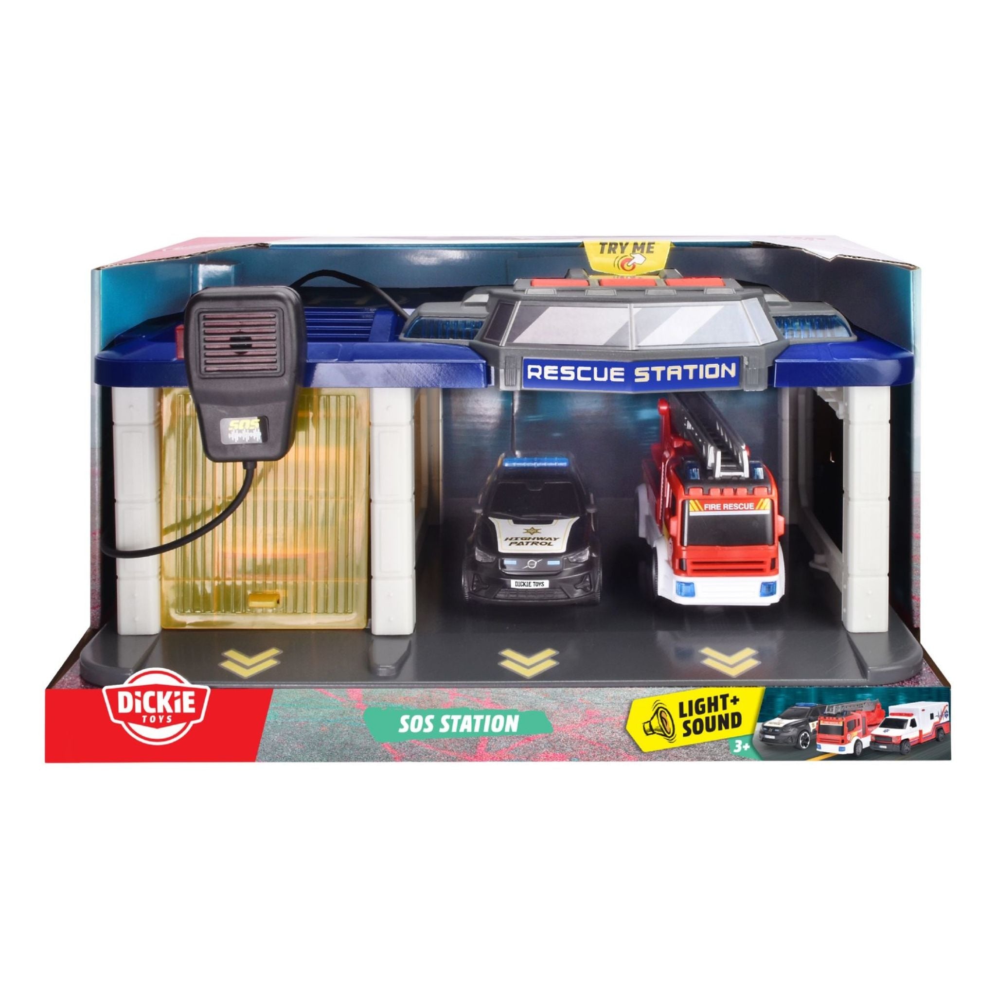 Dickie Toys SOS Emergency Vehicle Station Playset, in packaging