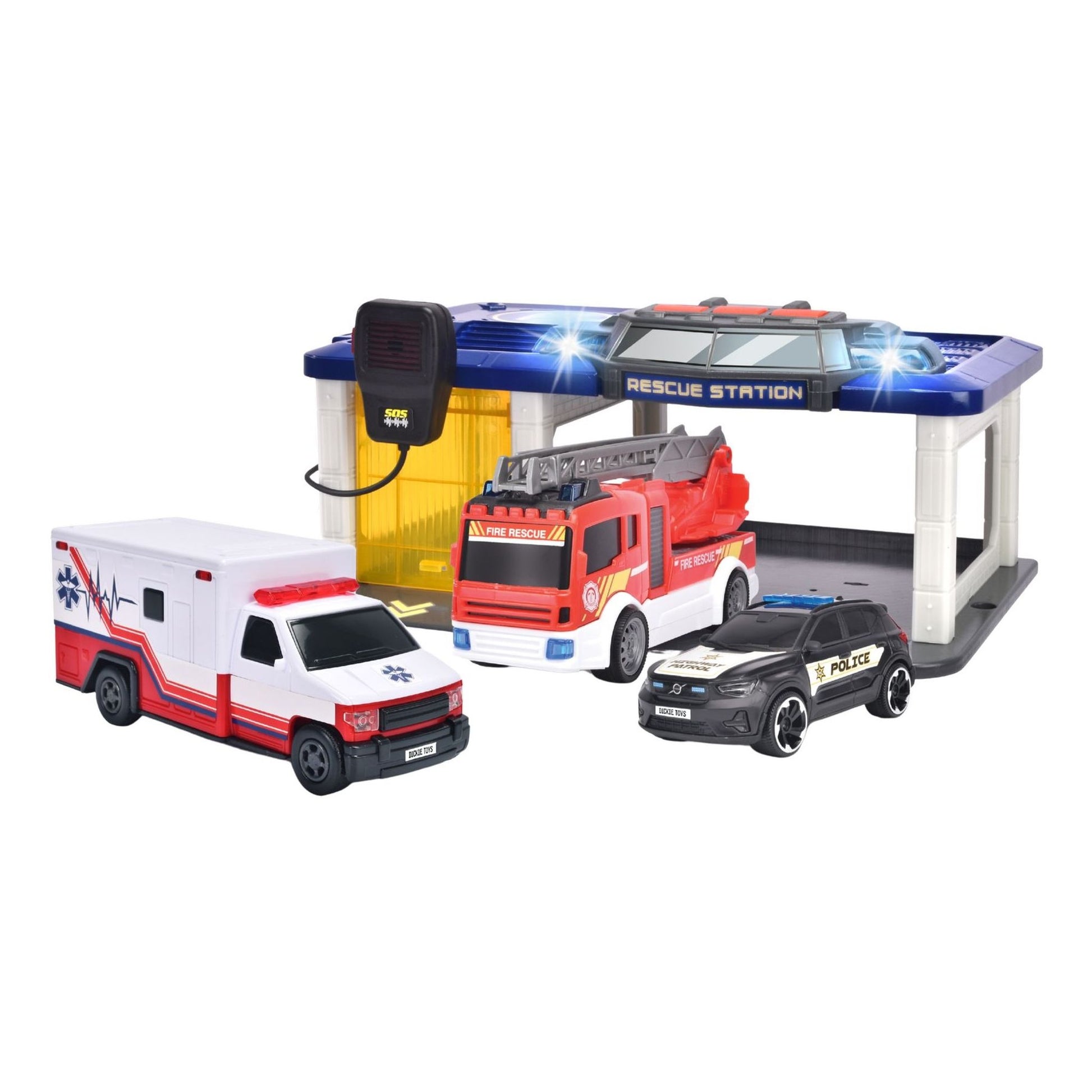 Dickie Toys SOS Emergency Vehicle Station Playset, with firetruck, ambulance, and police car.
