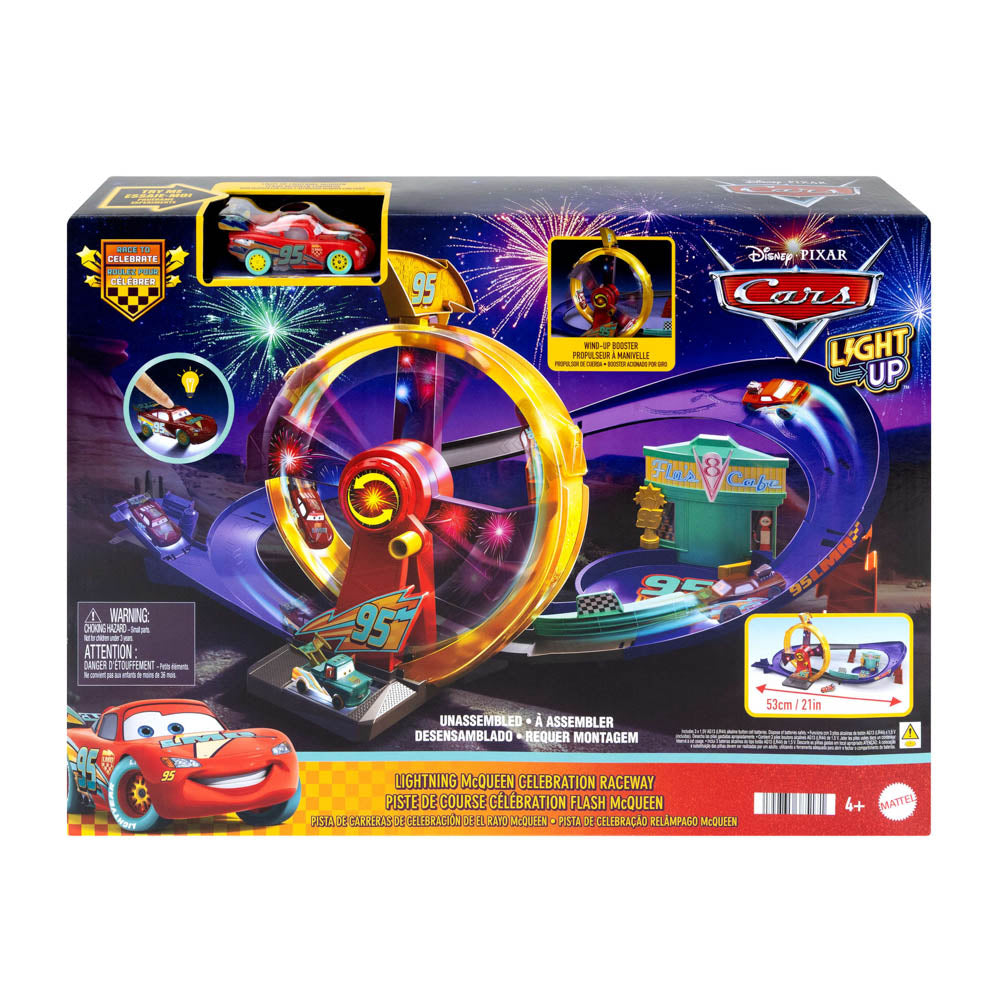 Disney Pixar Cars Light Up Lightning McQueen Celebration Raceway track set playset.