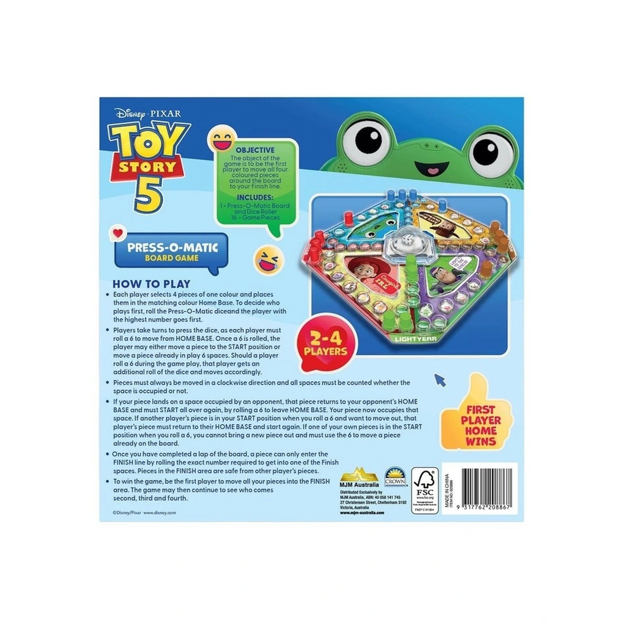 Back packaging of the Disney Pixar Toy Story 5 Press-O-Matic Board Game