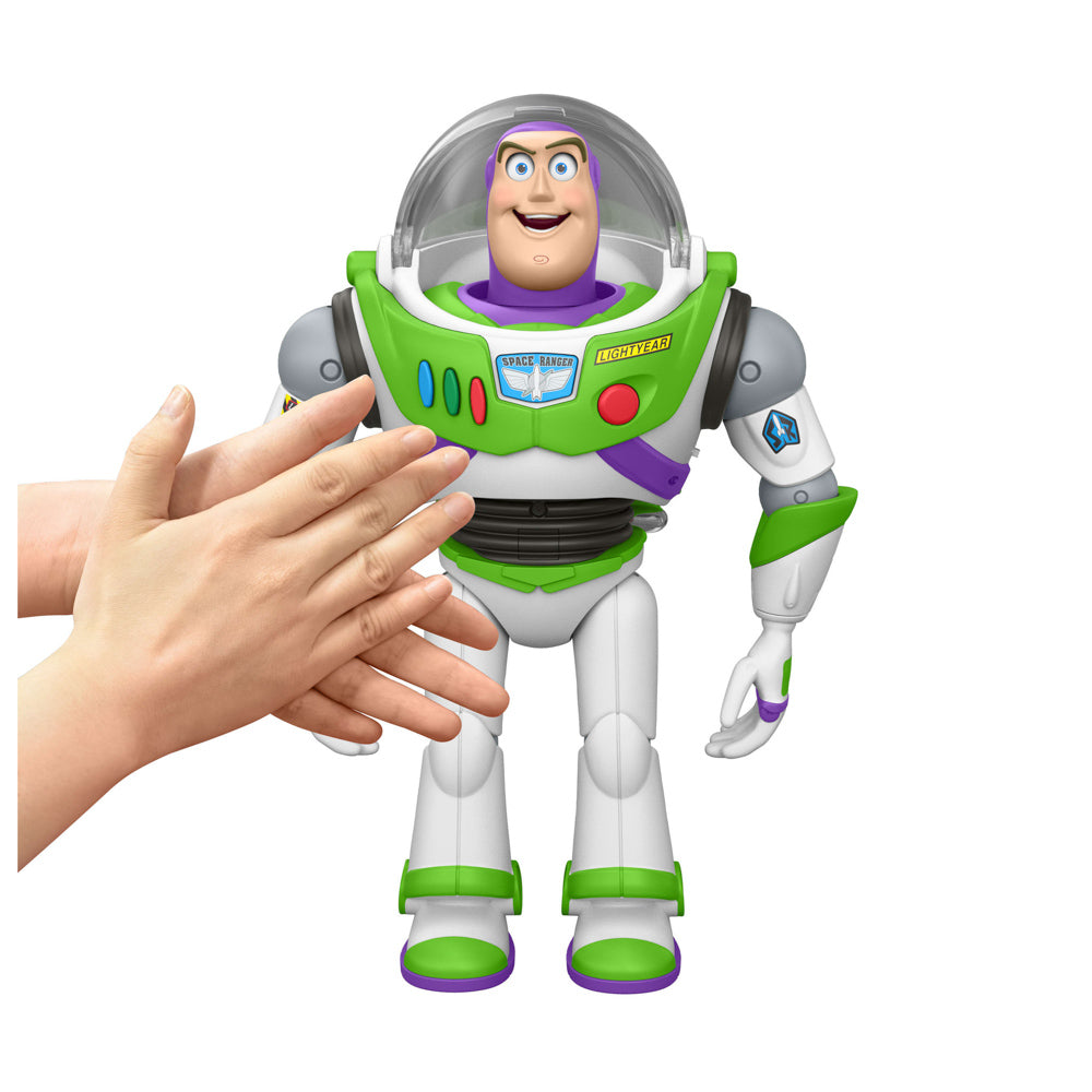 Clap to make Buzz talk, with the Disney Pixar Toy Story 5 Ultimate Action Talking Buzz Lightyear 12 Inch Figure doll