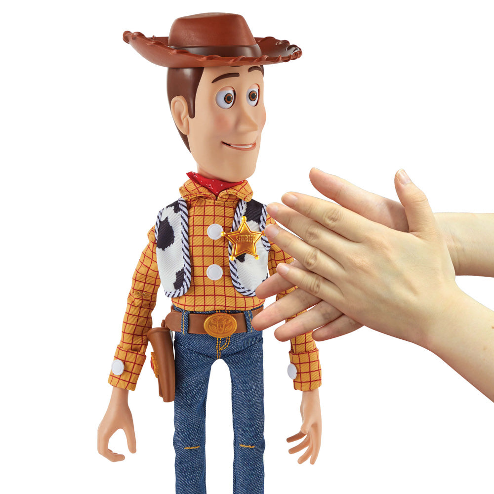 Clap to make Woody talk, with the Disney Pixar Toy Story 5 Ultimate Action Woody 16 Inch Figure doll