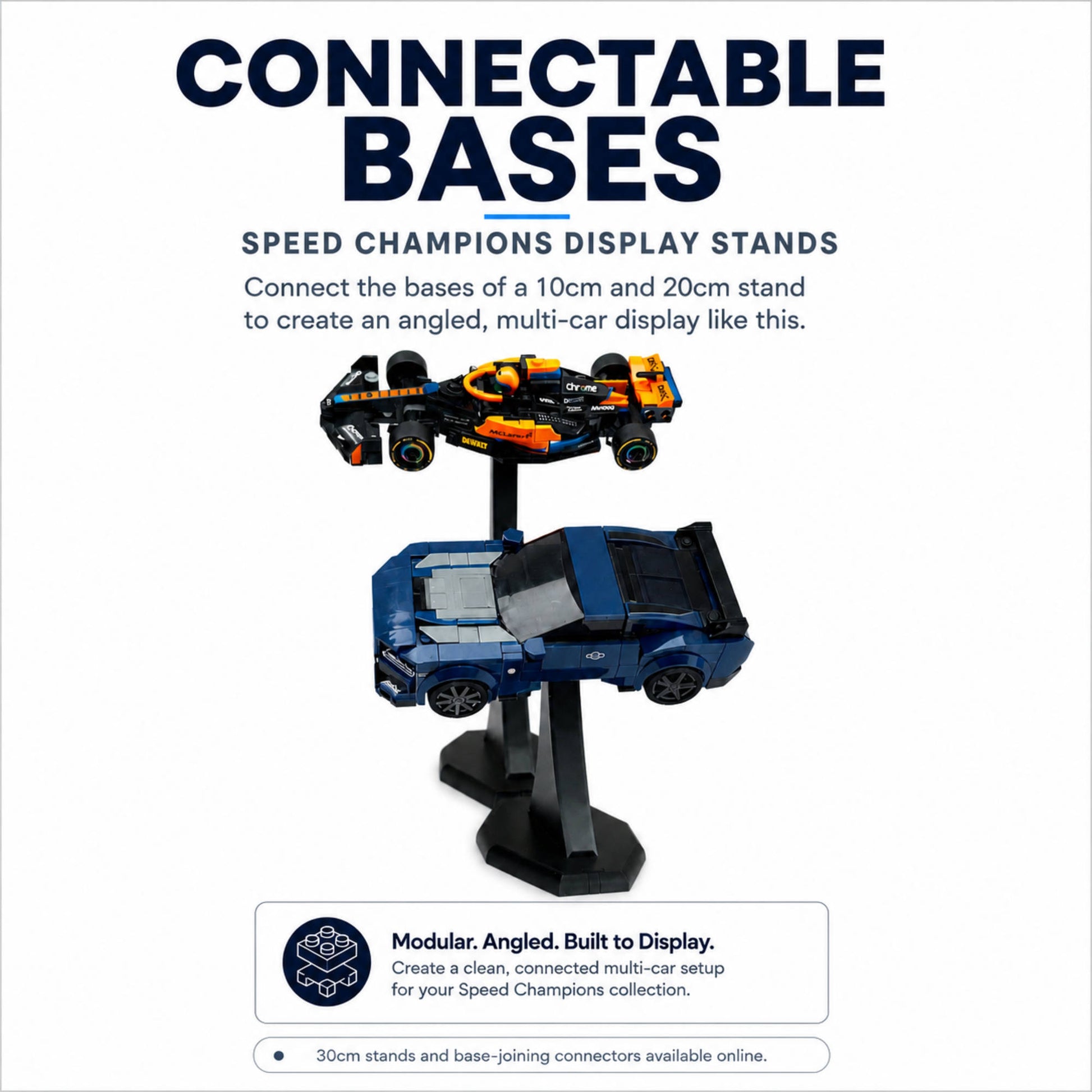 Connect base to other stands, with the DisplayX 45° Angled 10cm LEGO Display Stand