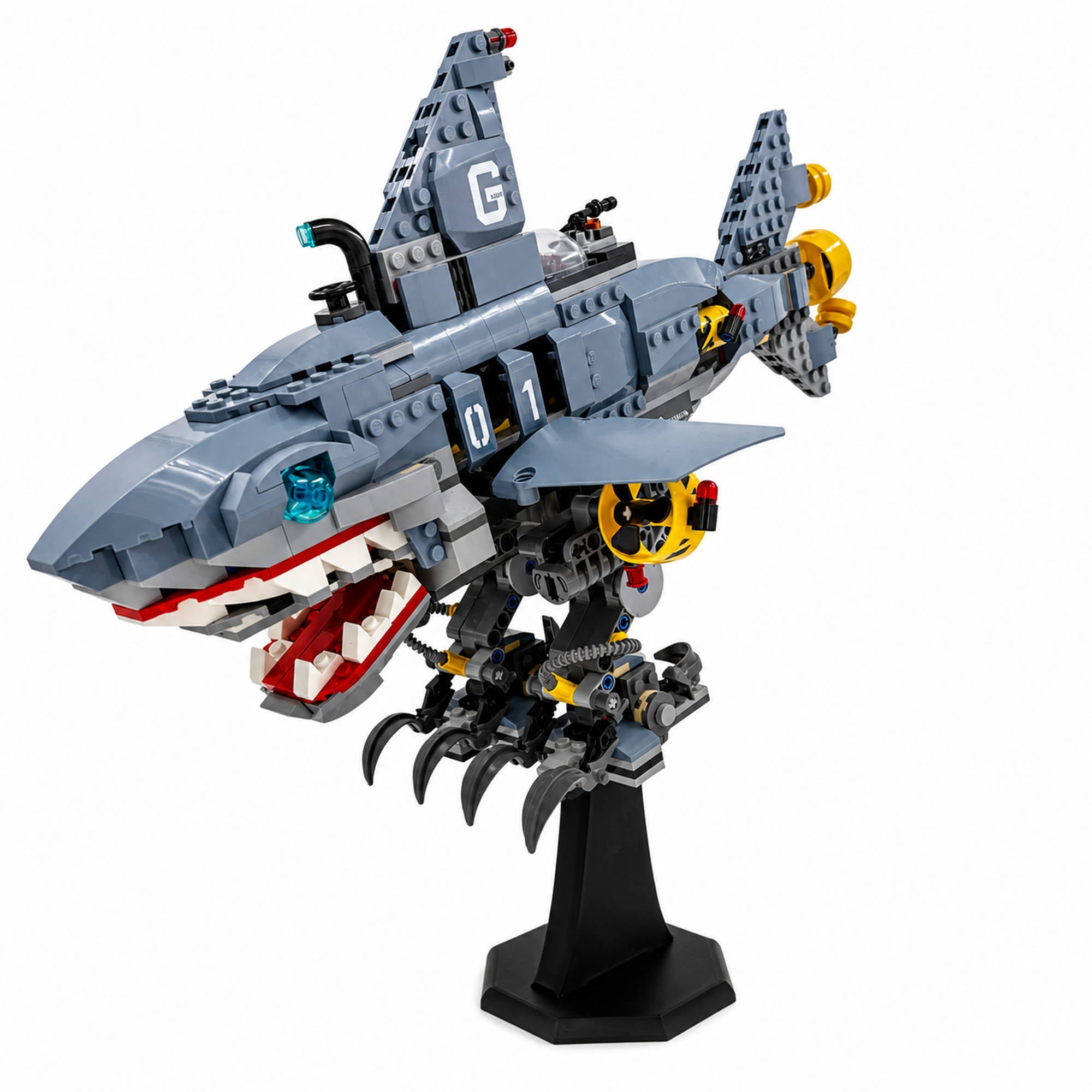 Lego shark mounted on the DisplayX 75° Angled 20cm Universal LEGO Display Stand