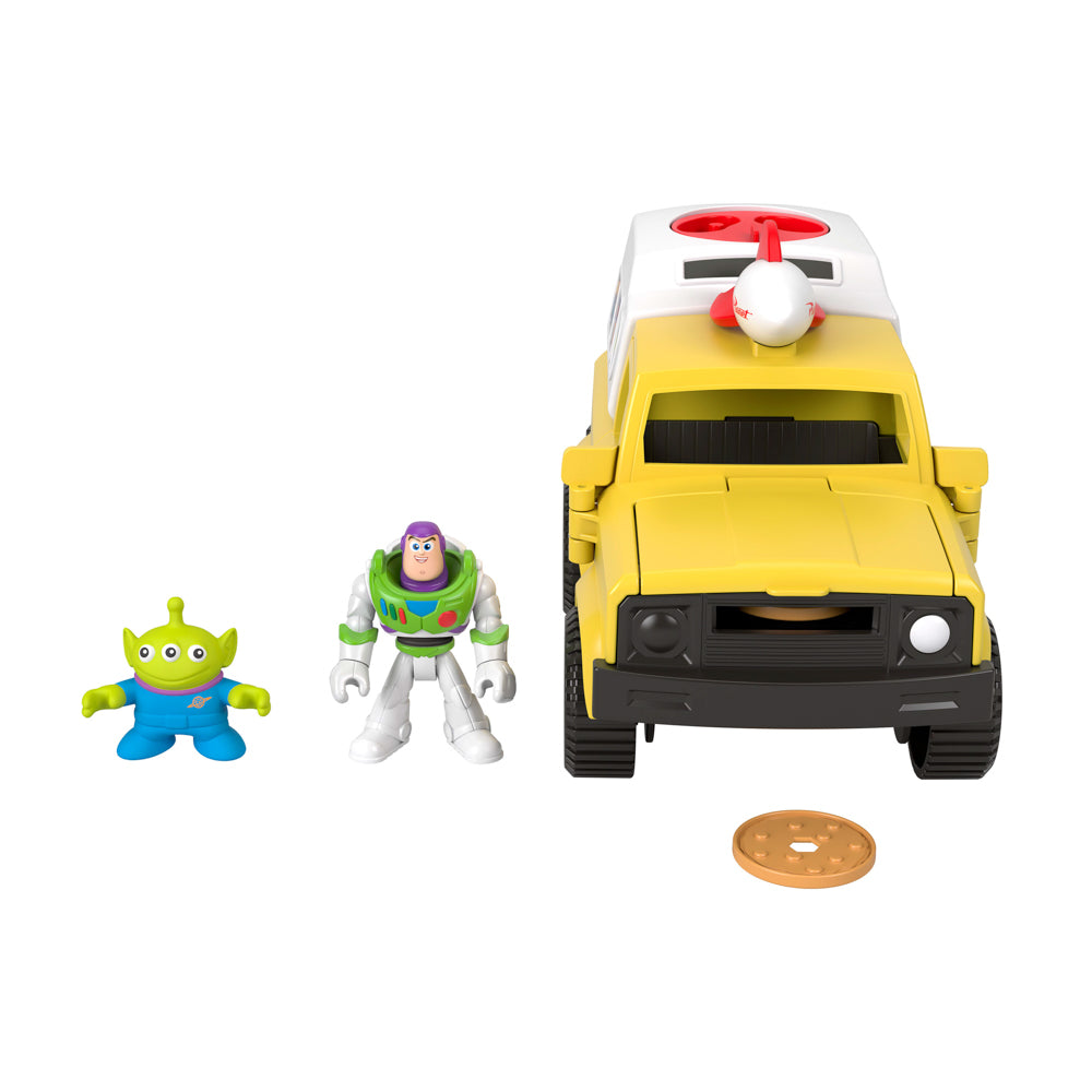 Truck, pizzas, buzz lightyear and alien included in the Fisher-Price Imaginext Toy Story Pizza Planet Truck with Buzz lightyear and alien figures set