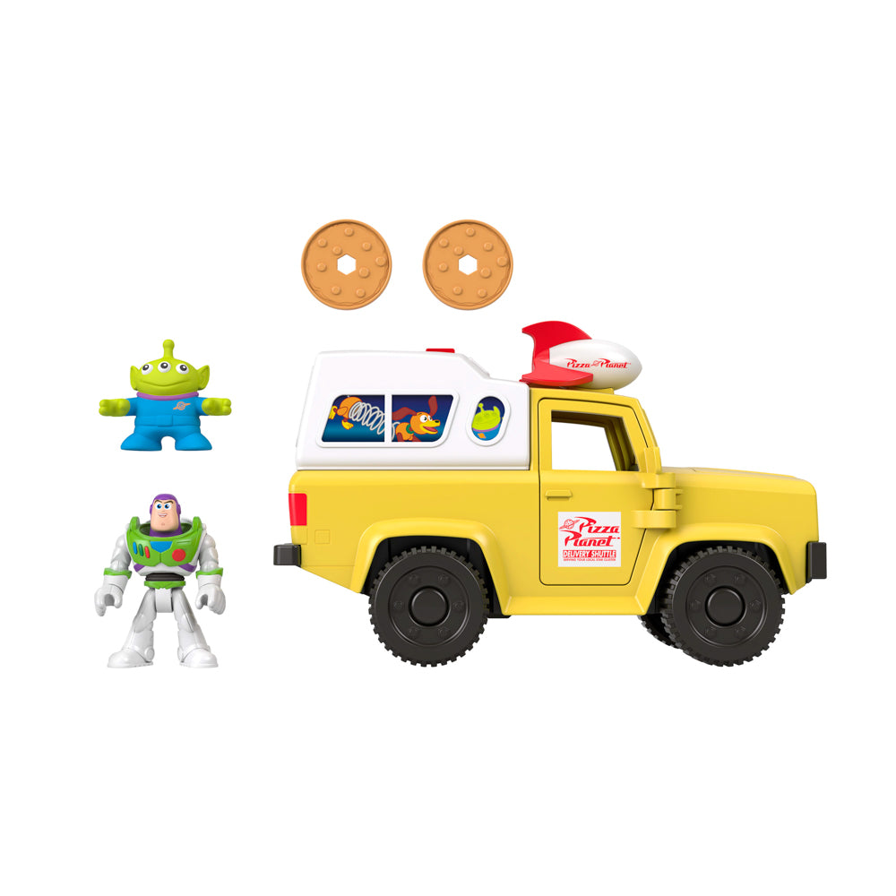 Truck, pizzas, buzz lightyear and alien included in the Fisher-Price Imaginext Toy Story Pizza Planet Truck with Buzz lightyear and alien figures set