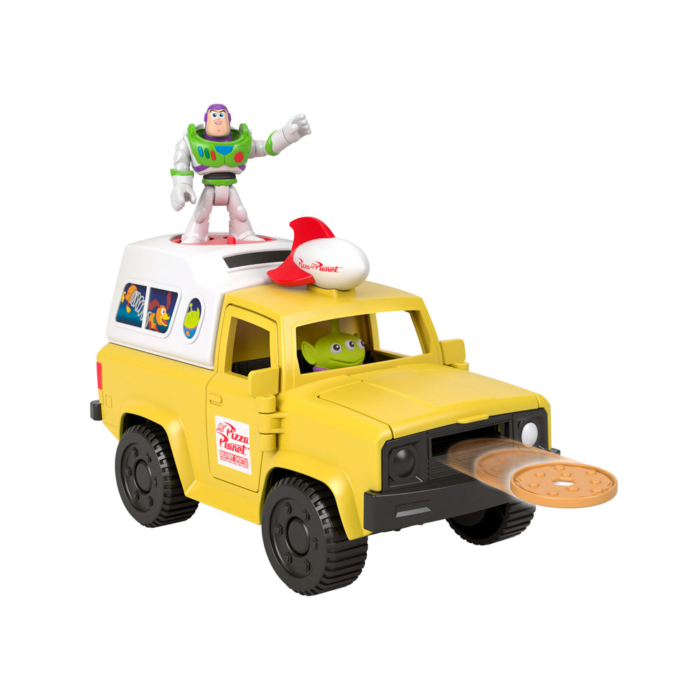 Pizza shooting from car, in the Fisher-Price Imaginext Toy Story Pizza Planet Truck with Buzz lightyear and alien figures