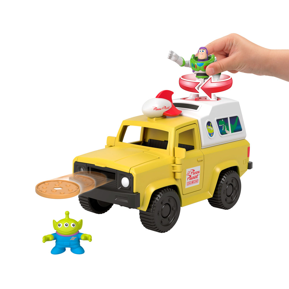 Fisher-Price Imaginext Toy Story Pizza Planet Truck with Buzz lightyear and alien figures, shooting pizzas from truck