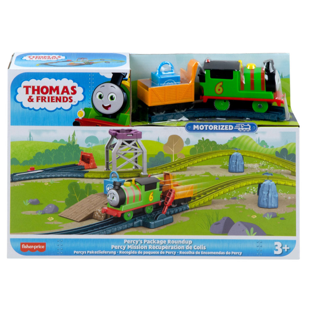 Fisher-Price Thomas & Friends Motorized Train & Track Set Percy's Package Roundup playset.