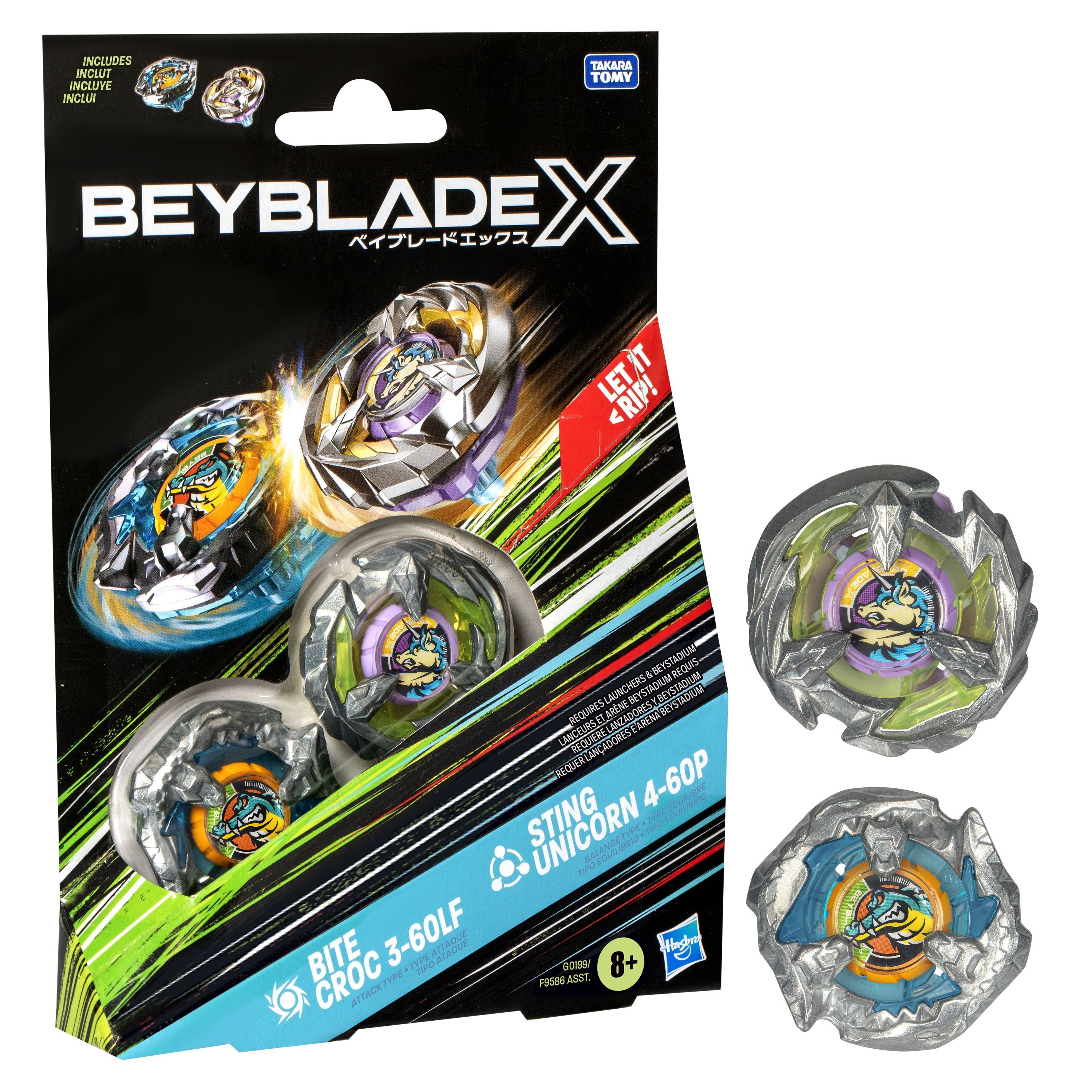 Beyblade X Bite Croc 3-60LF and Sting Unicorn 4-60P Top Dual Pack Set