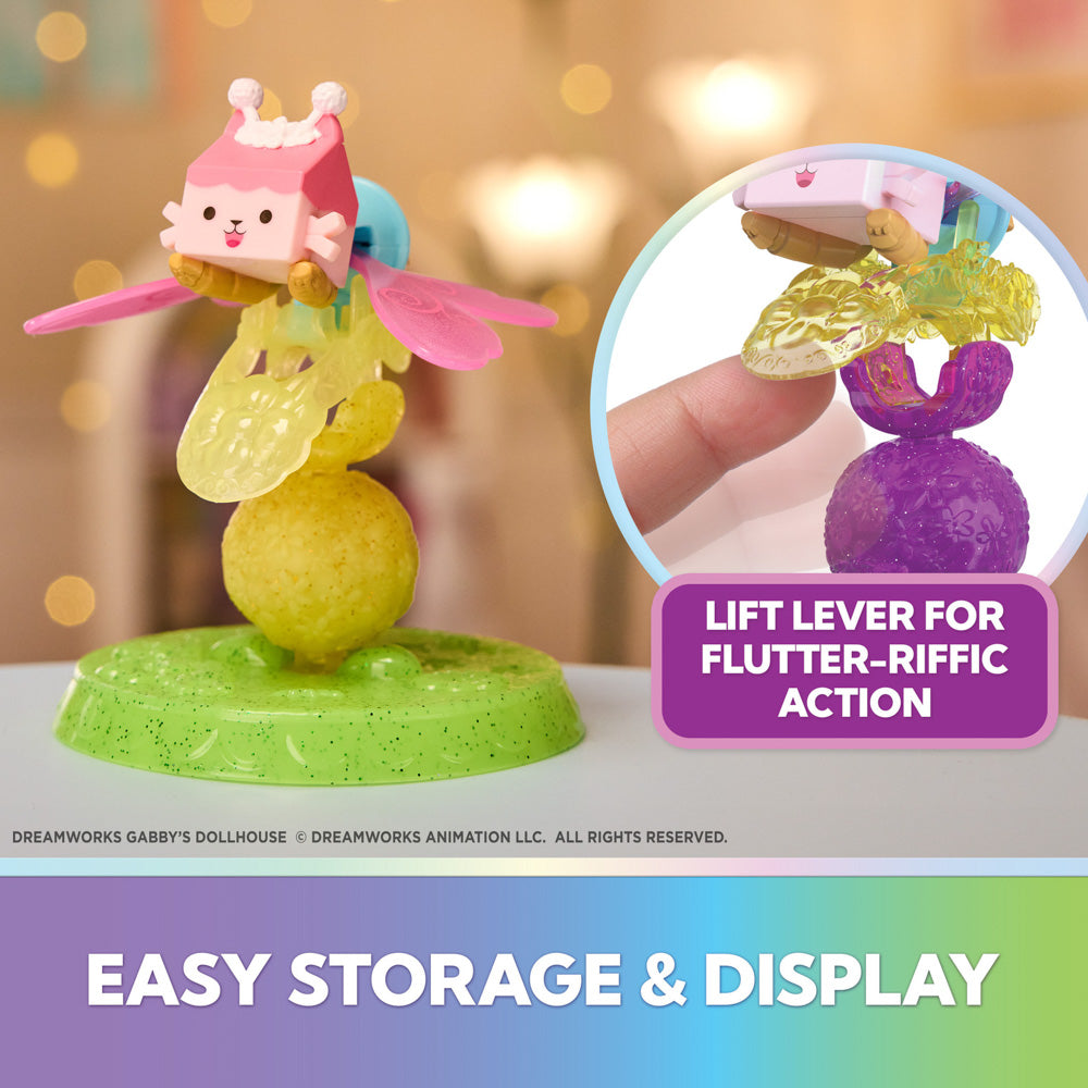 Lift lever to make the wings flutter, on the Gabby's Dollhouse Fairylandia Flutter-riffic Fairy Ring - Baby Box Cat