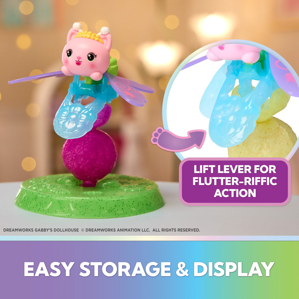 Lift the lever to make the wings flutter, on the Gabby's Dollhouse Fairylandia Flutter-riffic Fairy Ring - Kitty Fairy