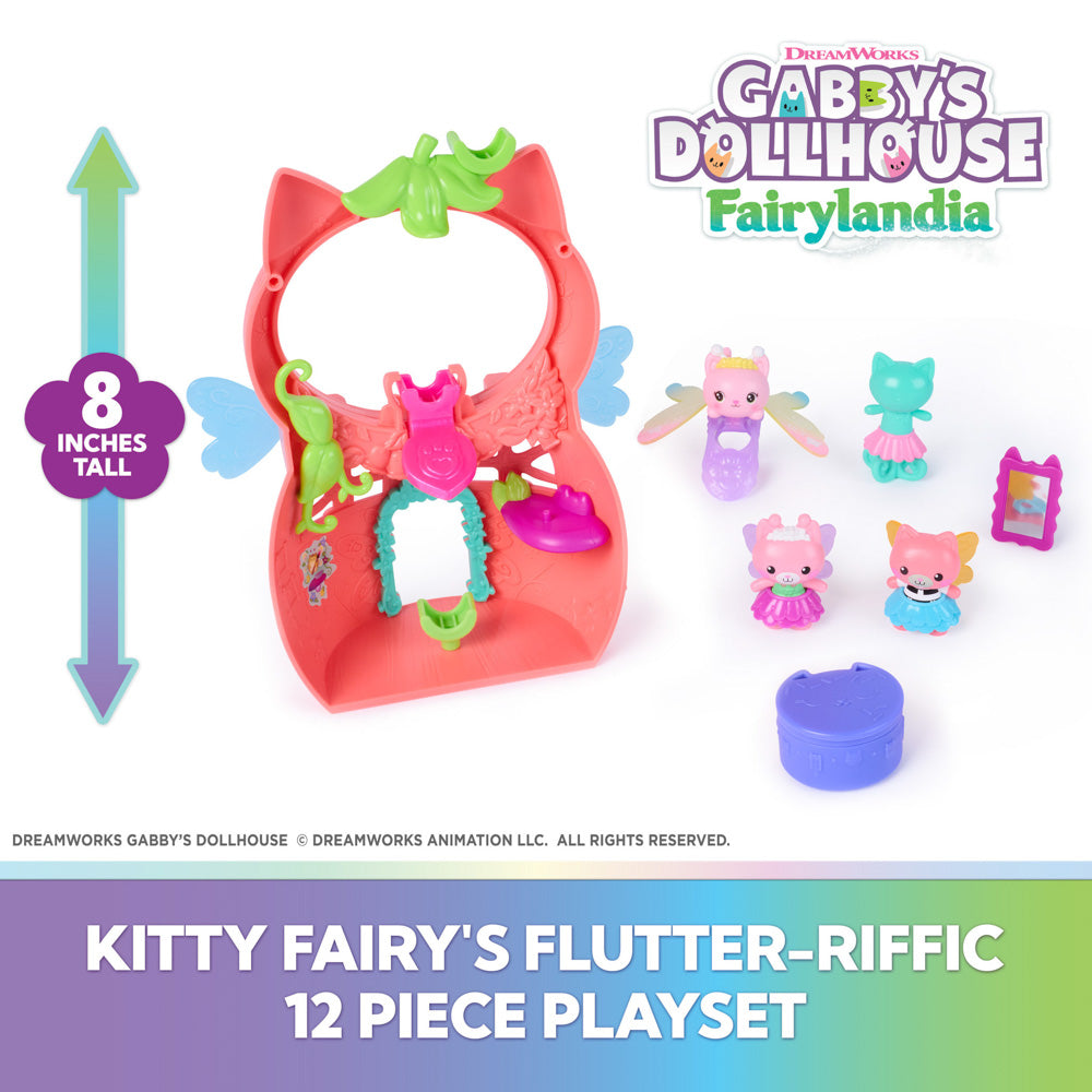 12 items included in the Gabby's Dollhouse Fairylandia Kitty Fairy's Flutter-riffic Rings Playset