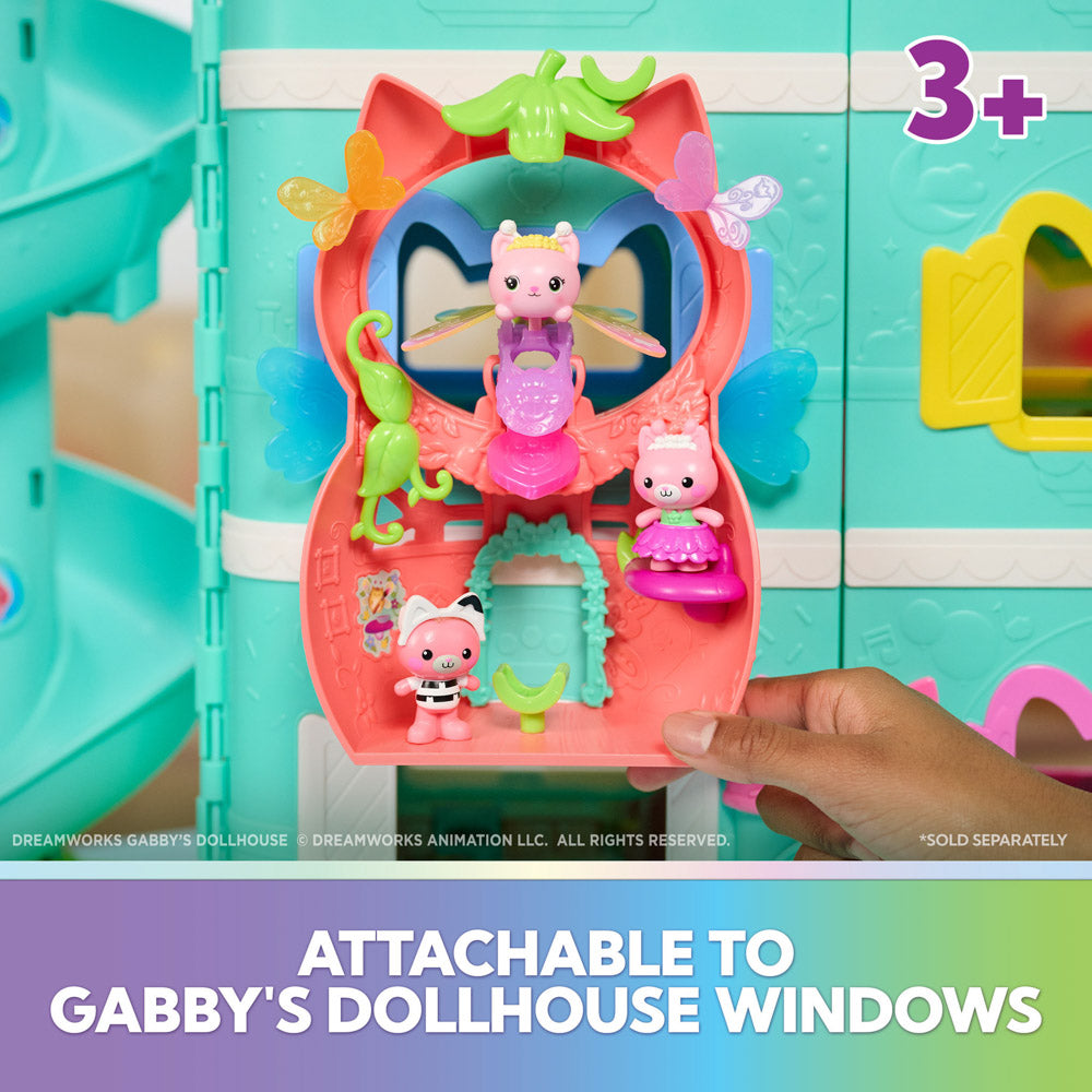 Gabby's Dollhouse Fairylandia Kitty Fairy's Flutter-riffic Rings Playset can attach to gabby's dollhouse windows