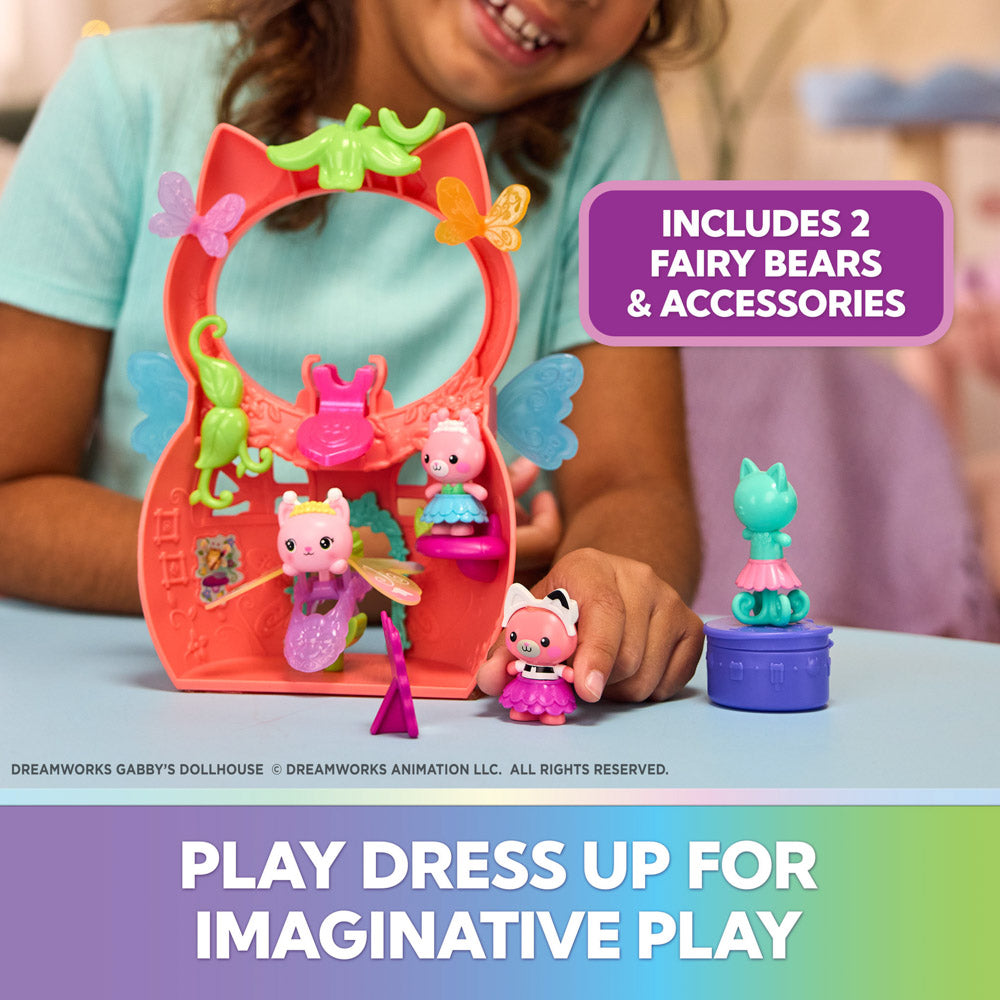 Fairy bear figures in the Gabby's Dollhouse Fairylandia Kitty Fairy's Flutter-riffic Rings Playset