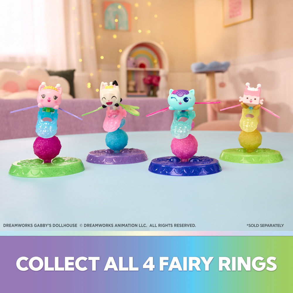 Collectible Kitty fairy rings included in the Gabby's Dollhouse Fairylandia Kitty Fairy's Flutter-riffic Rings Playset